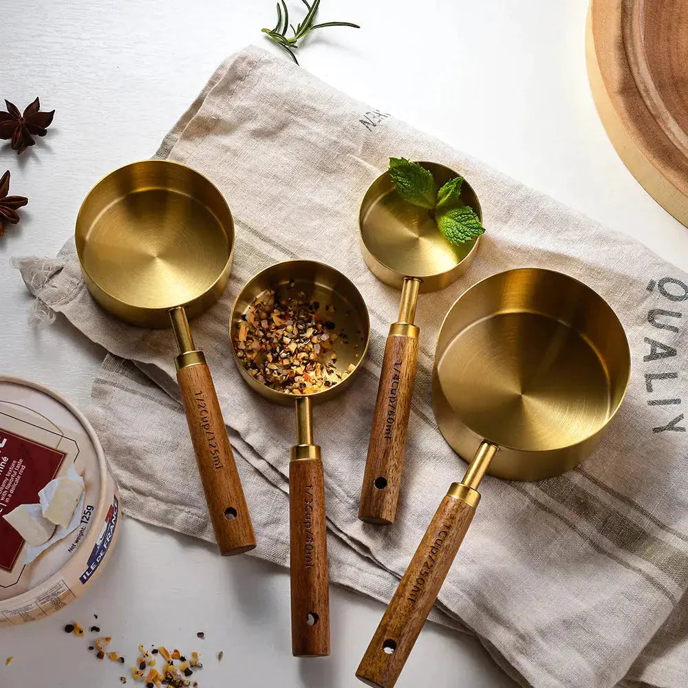 Ensemble de tasses à mesurer en acier inoxydable avec poignée en bois