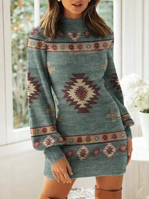 Vestido Mini de Estampado Bohemio - Manga Larga, Ajuste Casual para Otoño e Invierno
