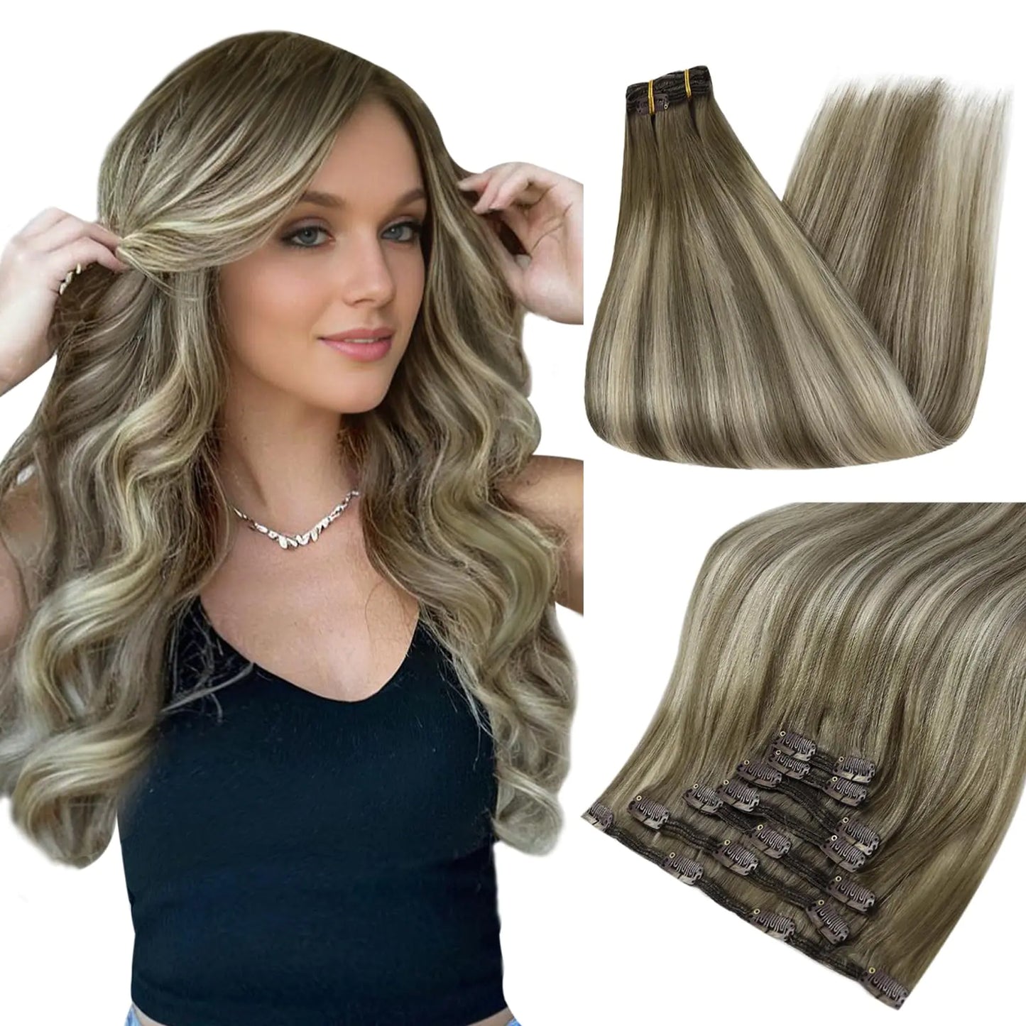 Extensiones de Cabello Humano Clip-In de 20 Pulgadas Full Shine - Ombre Cool Taupe