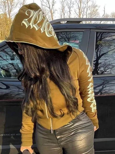 Haut à capuche zippé imprimé lettres pour femmes en hiver