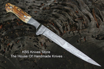 Premium 8" Damascus Steel Fillet Knife with ELK Horn Handle - Korvel