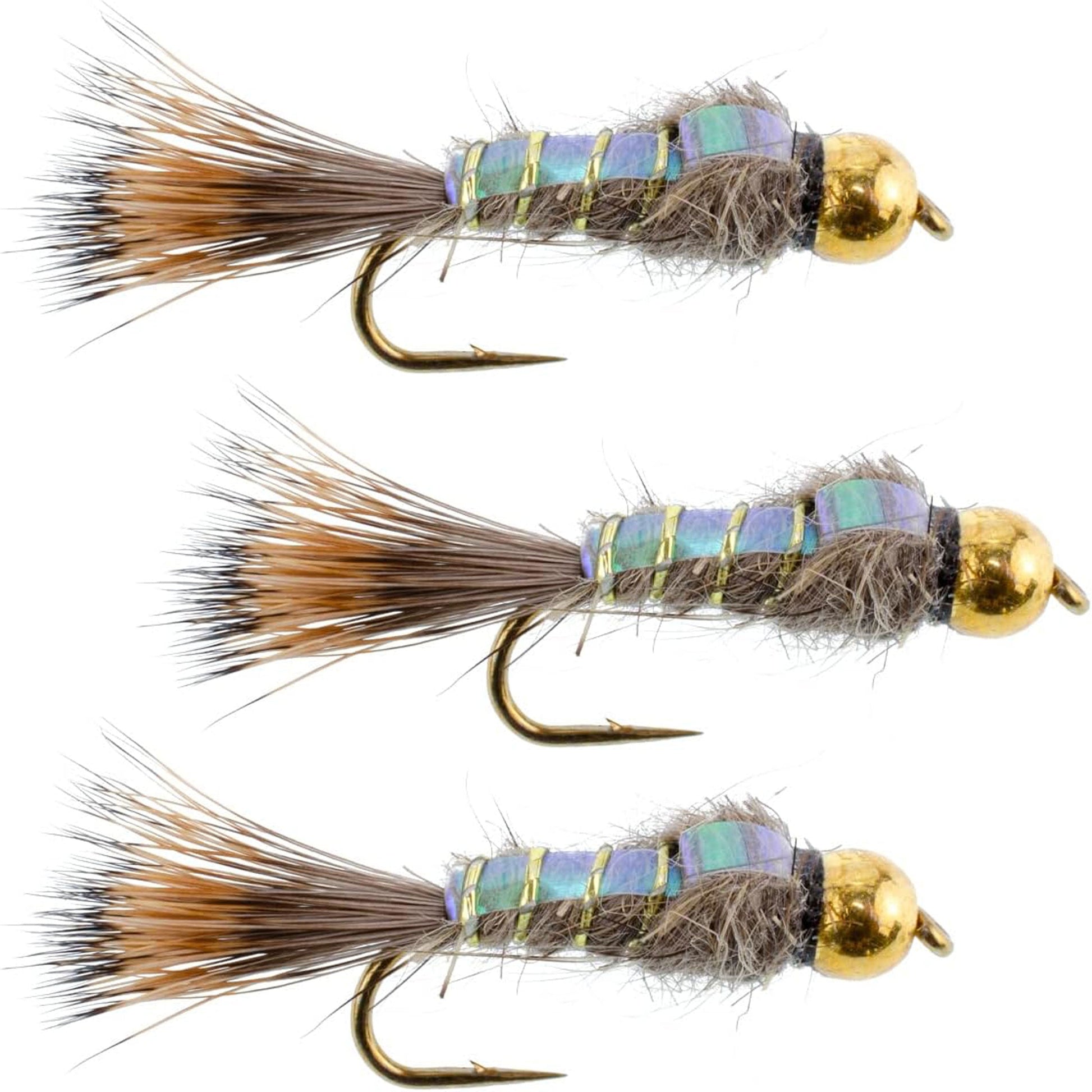 3-Pack Tungsten Bead Head Flashback Gold Ribbed Hare's Ear Nymphs - Size 14 - Korvel