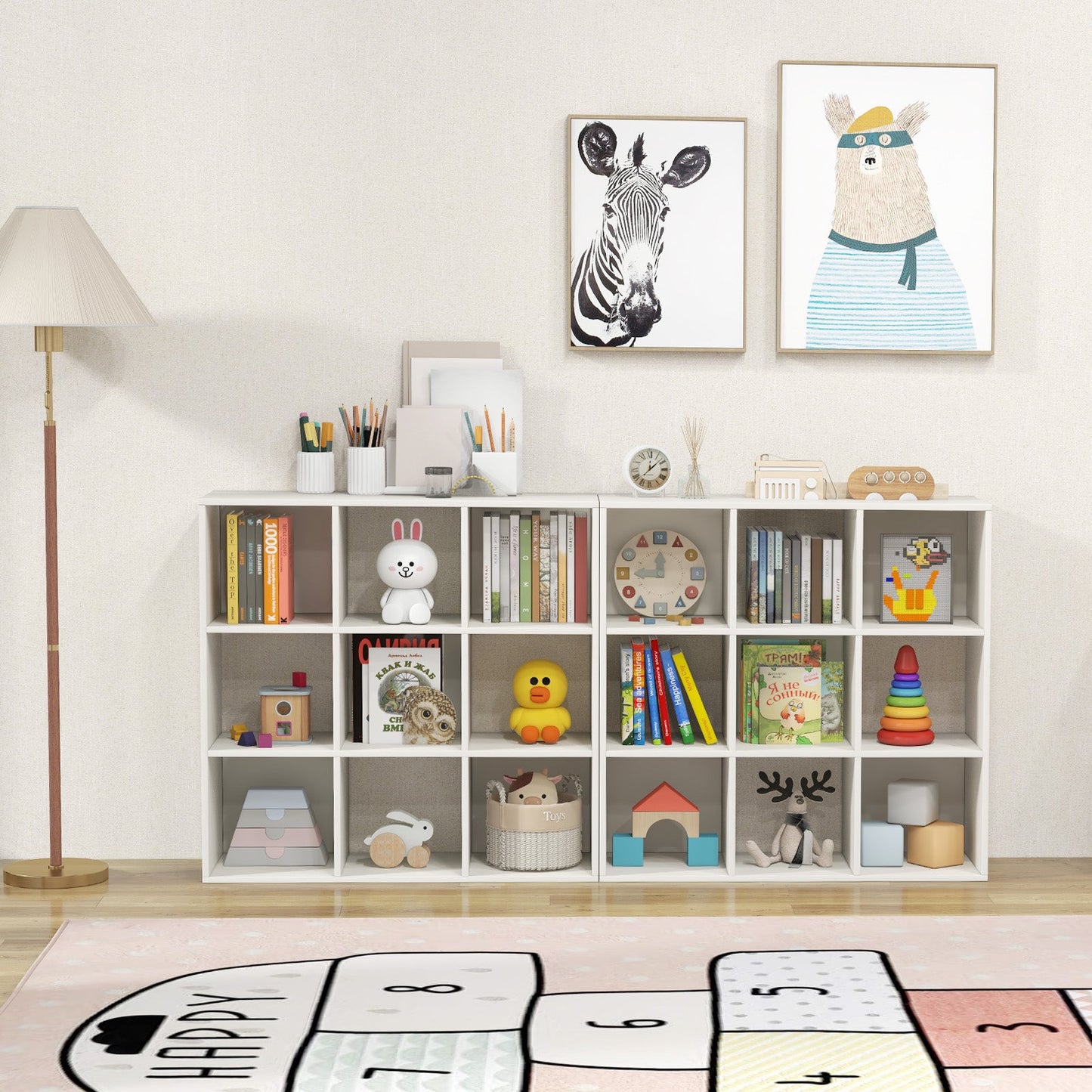 Wooden Kids Bookcase with Storage Cubbies - White