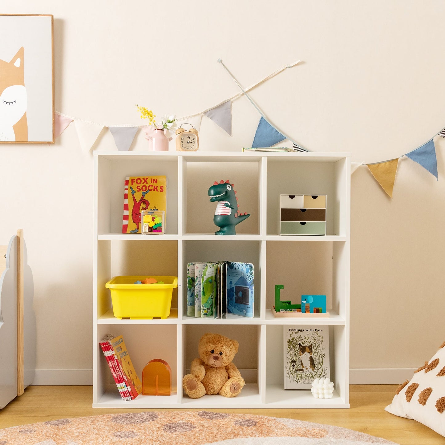 Wooden Kids Bookcase with Storage Cubbies - White