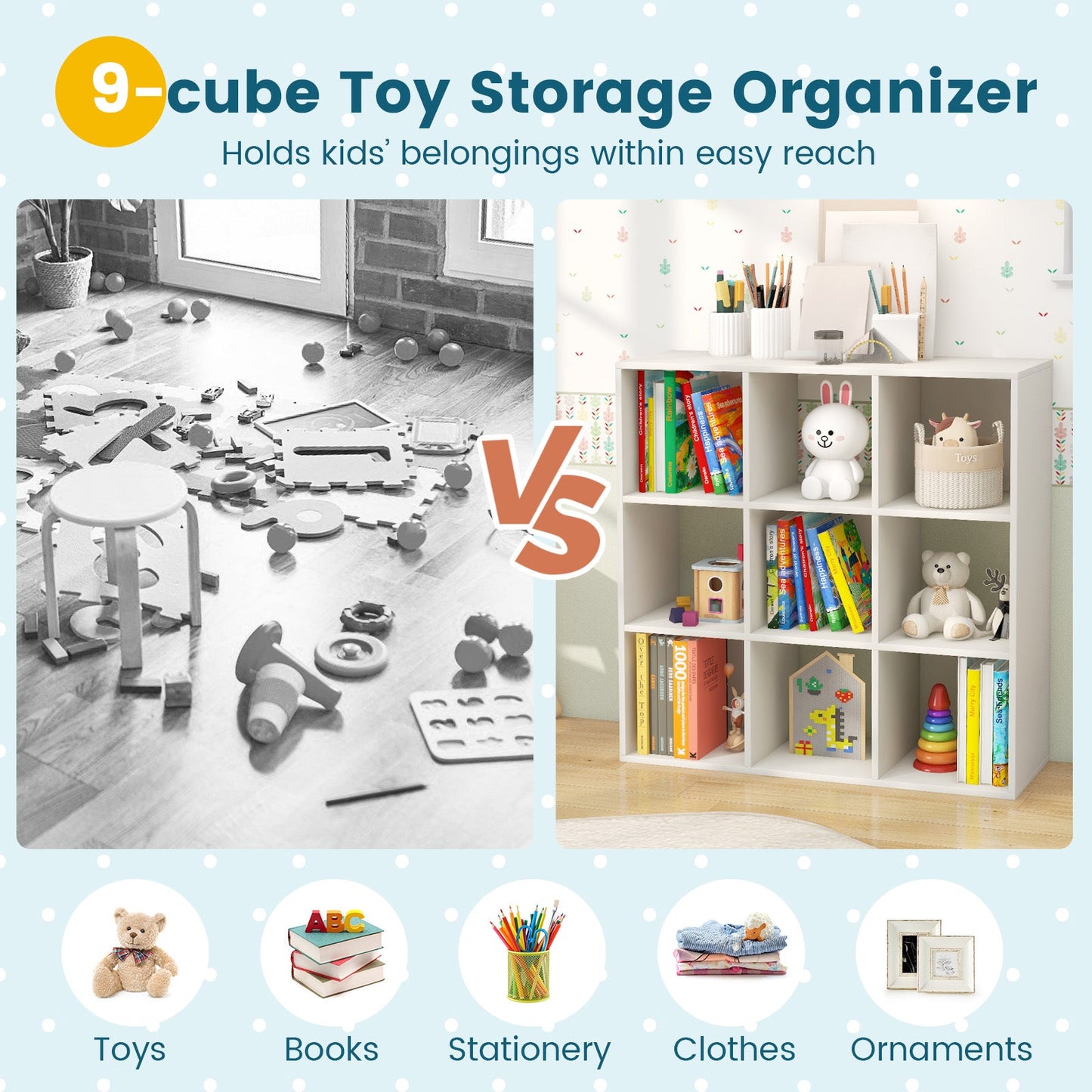 Wooden Kids Bookcase with Storage Cubbies - White
