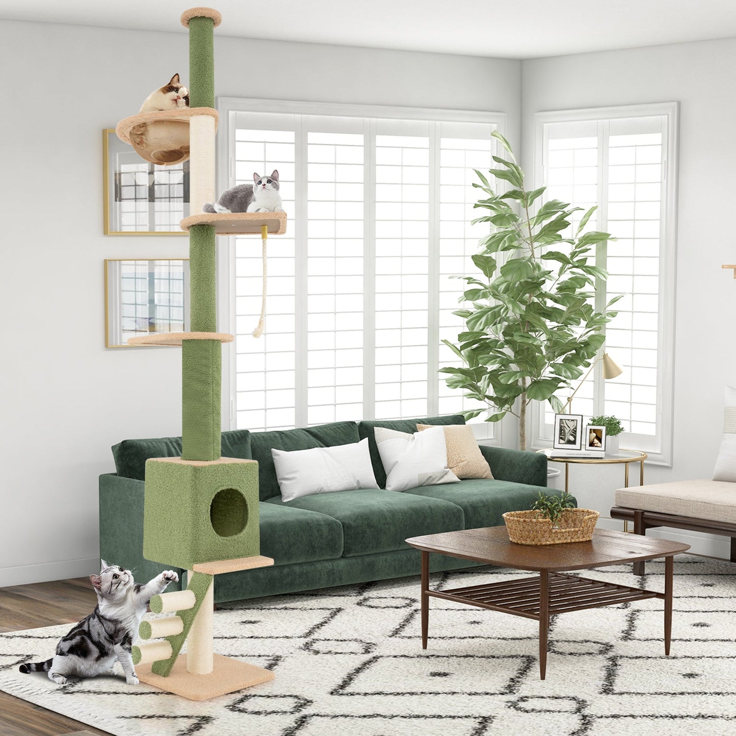 Árbol para gatos ajustable de suelo a techo en verde