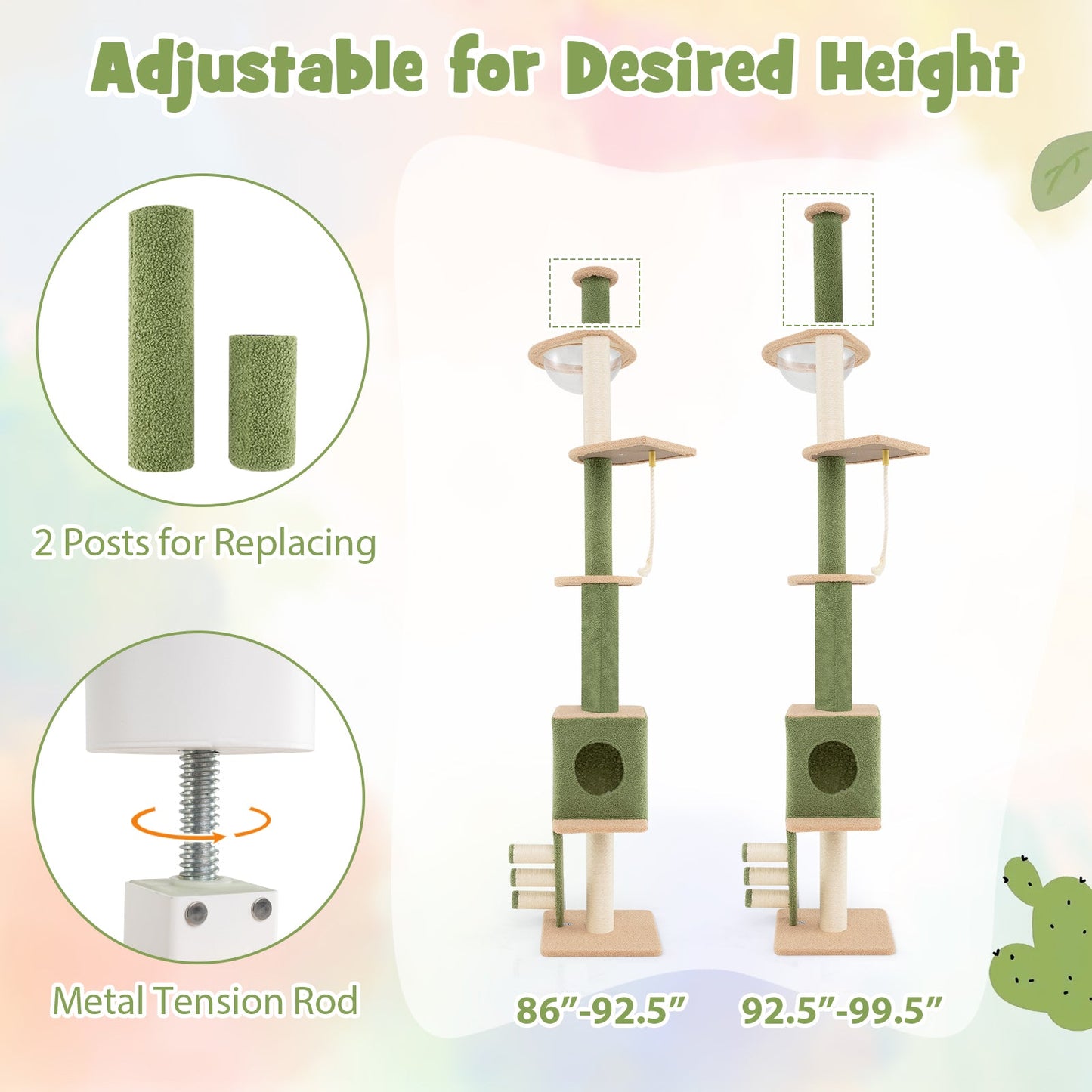 Árbol para gatos ajustable de suelo a techo en verde