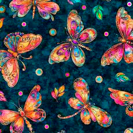 Tela de algodón teal con mariposas de Fluttering Gardens - 44"/45" por yarda