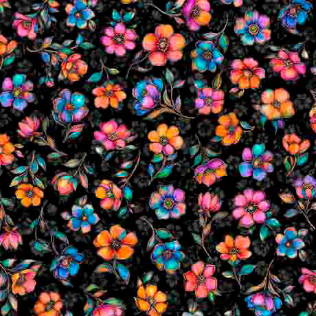 Fluttering Gardens Small Floral Black Cotton Fabric - 44"/45" Per Yard
