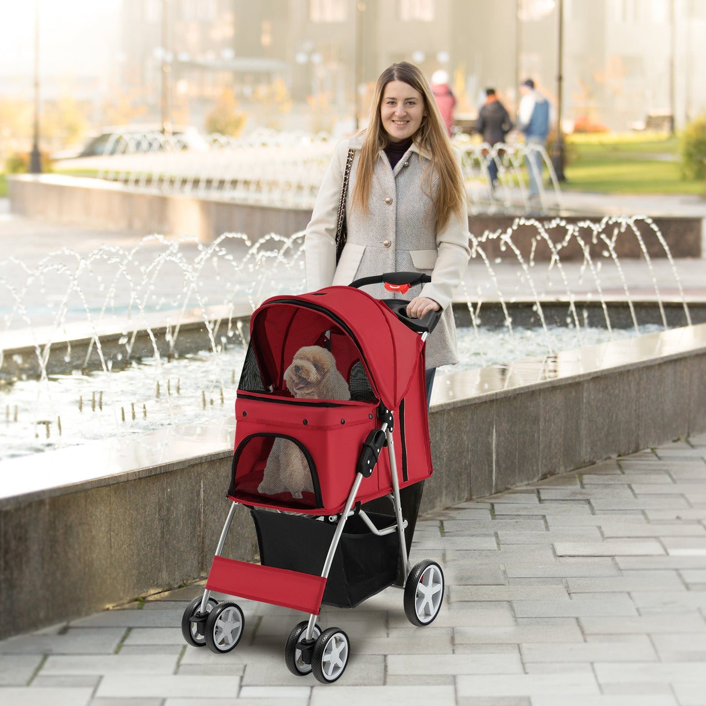 Folding Pet Stroller with Storage Basket and Adjustable Canopy - Red