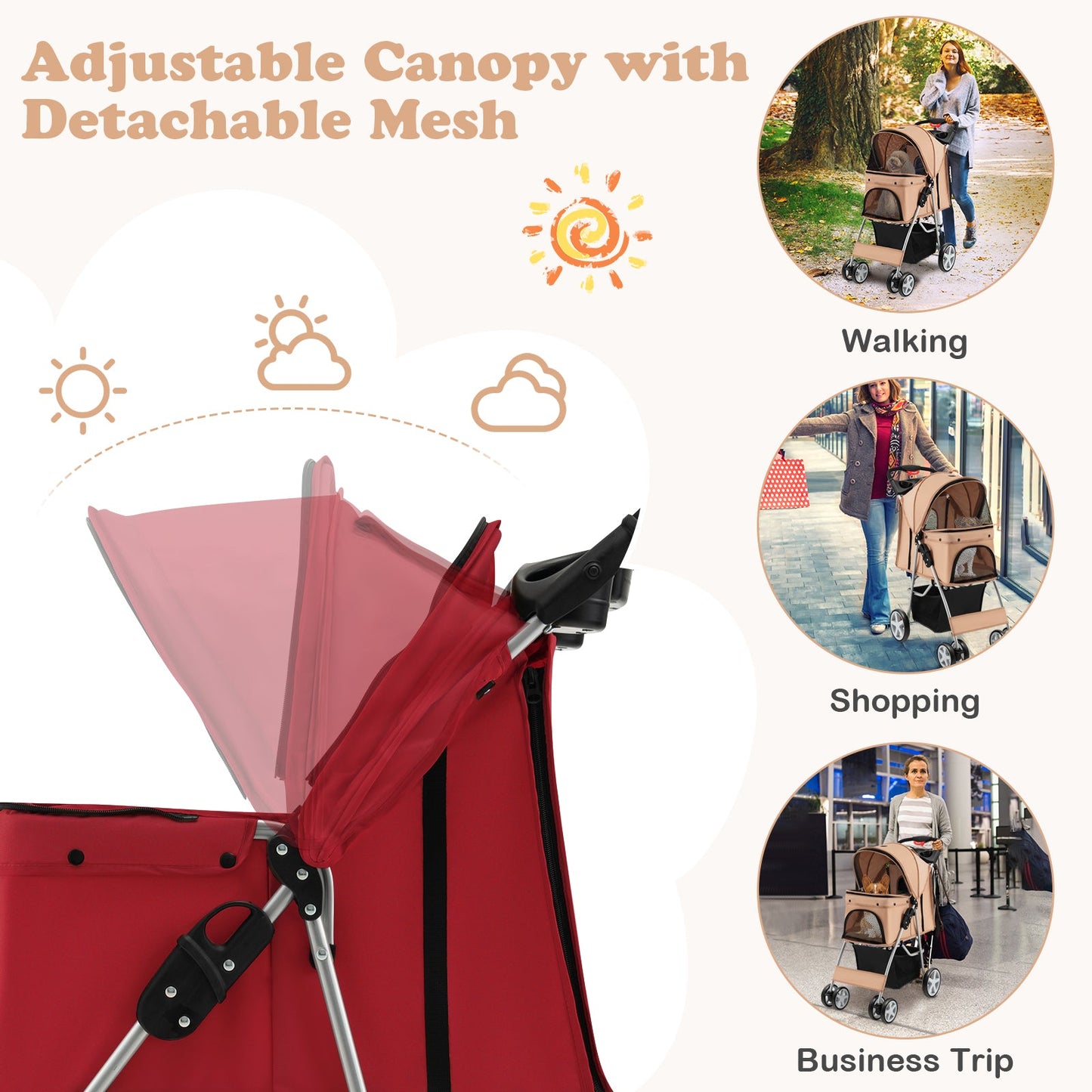 Folding Pet Stroller with Storage Basket and Adjustable Canopy - Red