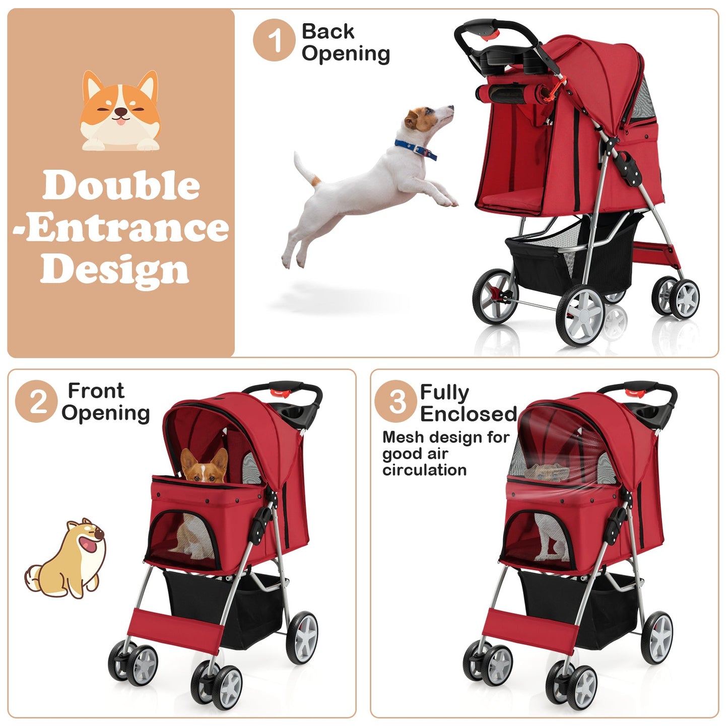 Folding Pet Stroller with Storage Basket and Adjustable Canopy - Red