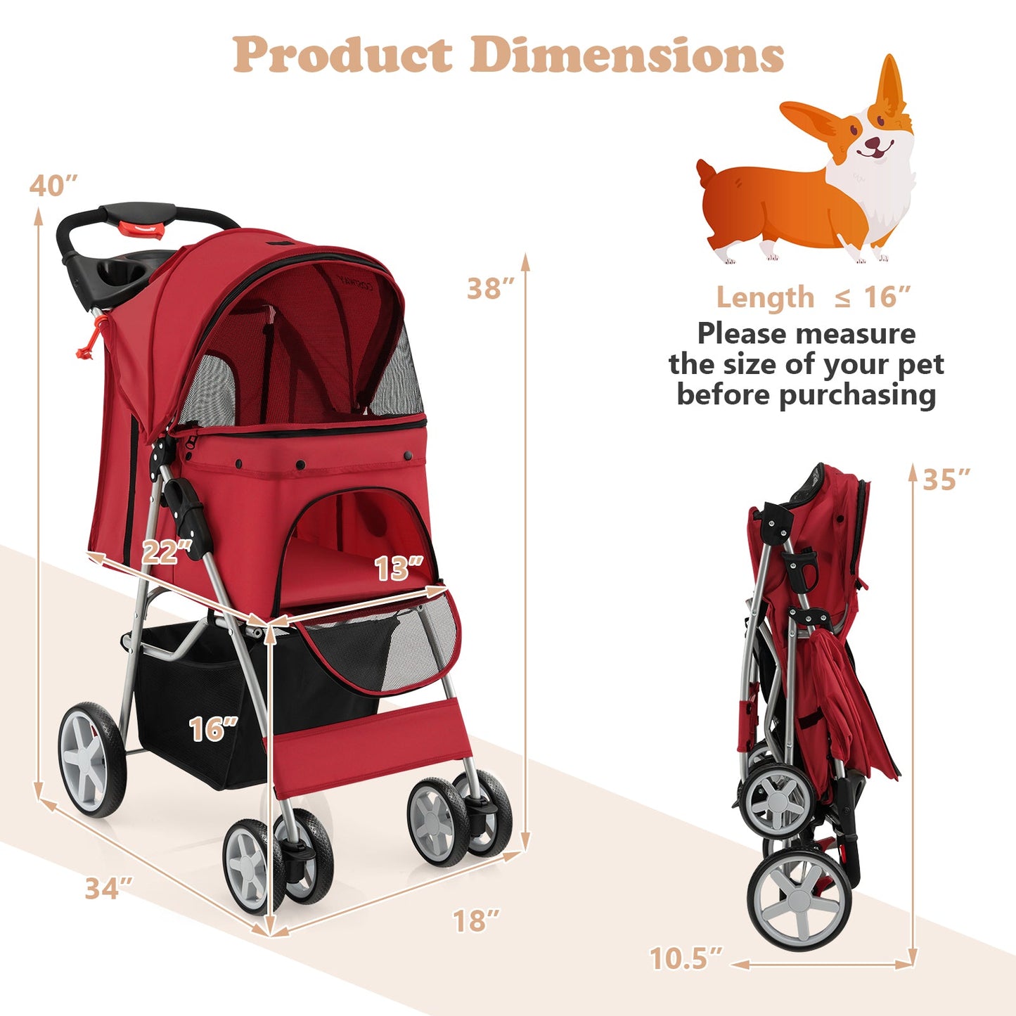 Folding Pet Stroller with Storage Basket and Adjustable Canopy - Red