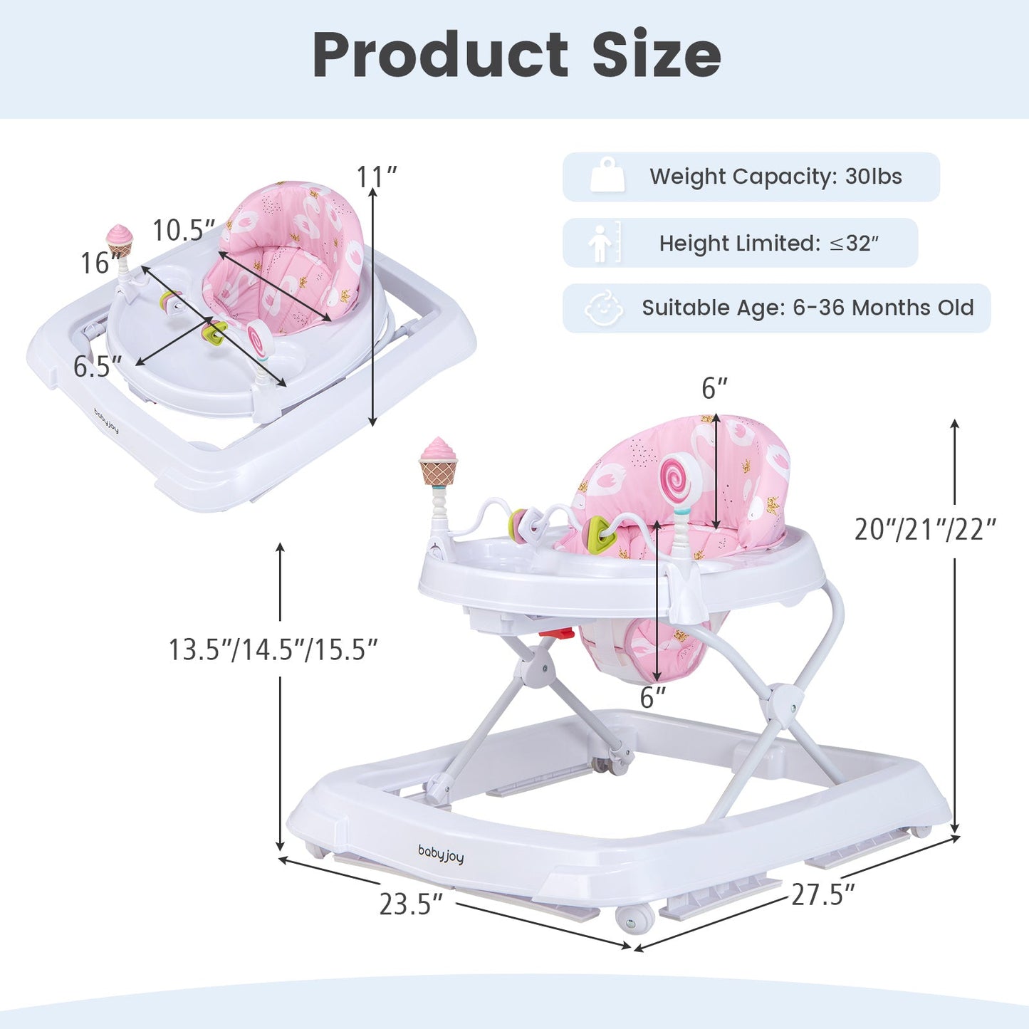 Foldable Baby Activity Walker with Adjustable Height - Pink