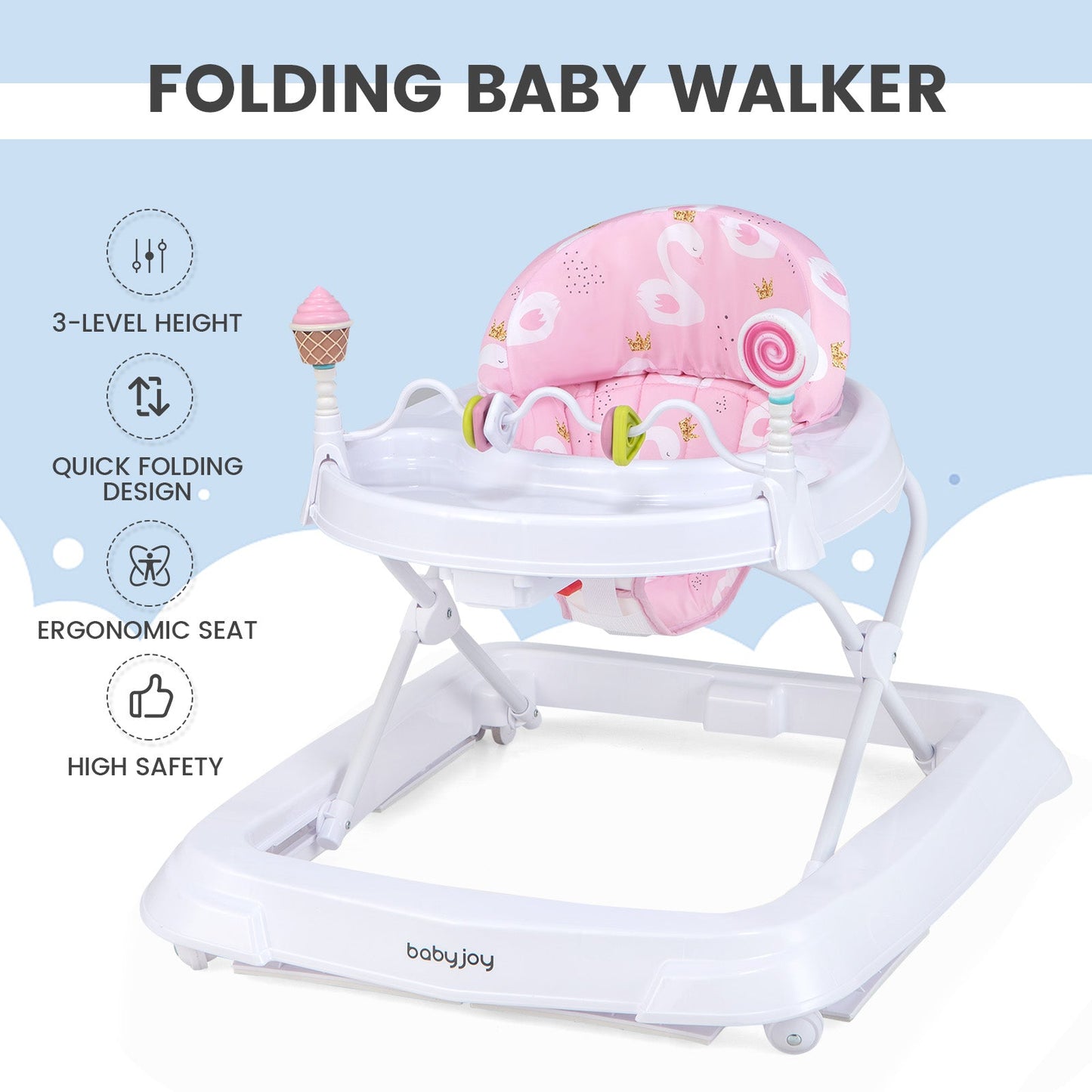 Foldable Baby Activity Walker with Adjustable Height - Pink