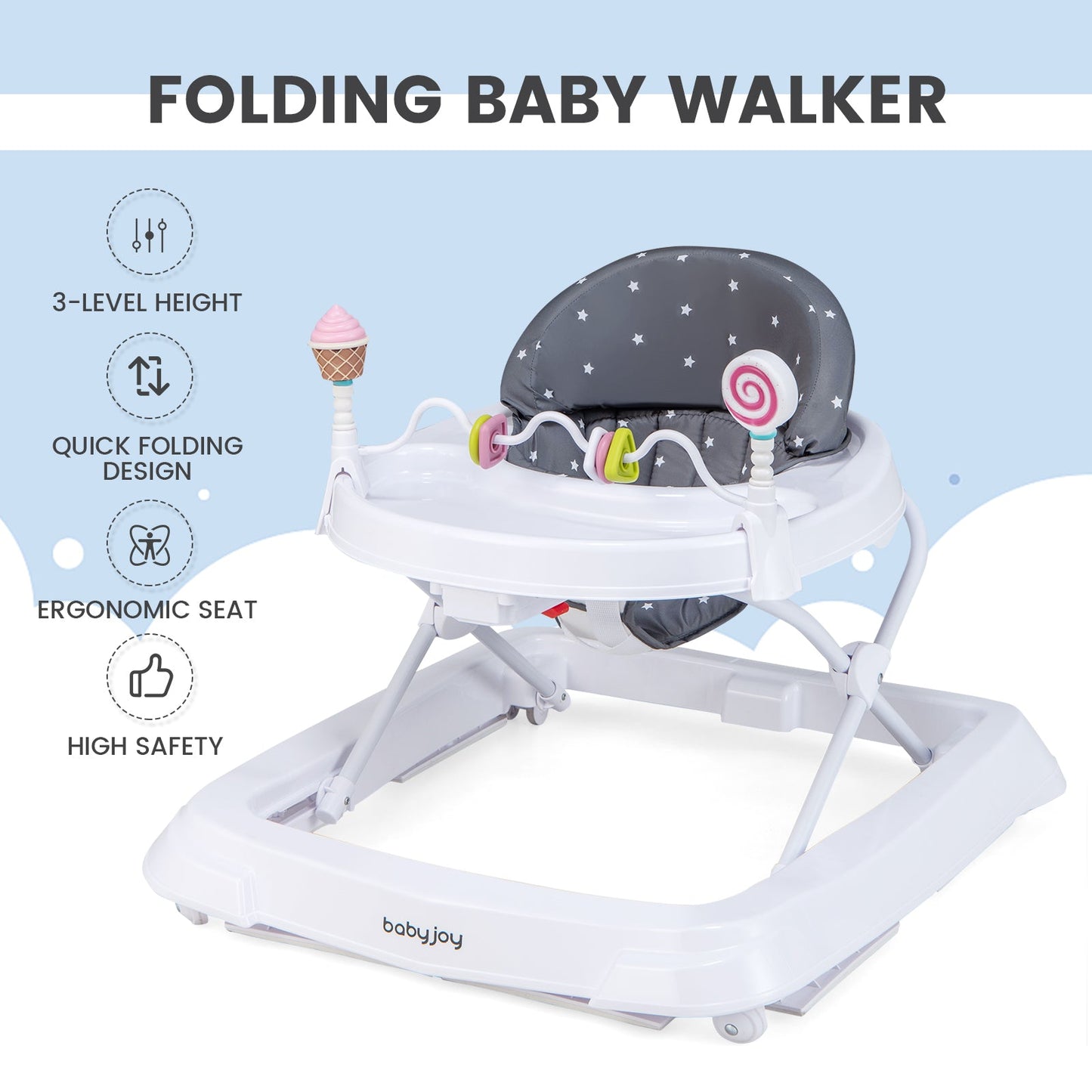 Foldable Baby Activity Walker with Adjustable Height - Gray