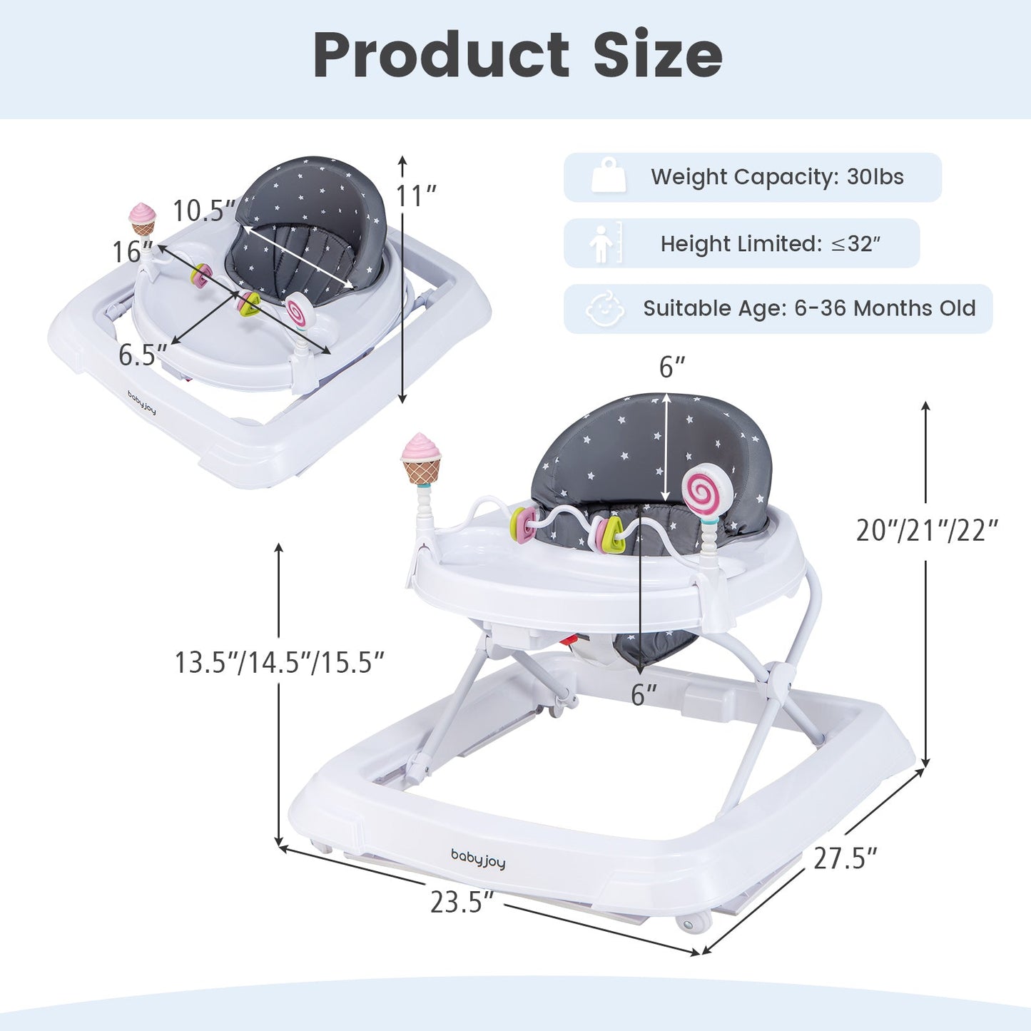 Foldable Baby Activity Walker with Adjustable Height - Gray