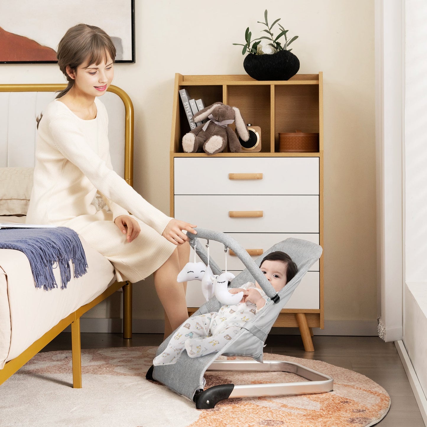 Foldable Baby Bouncer with Removable Cover and Toy Bar - Gray