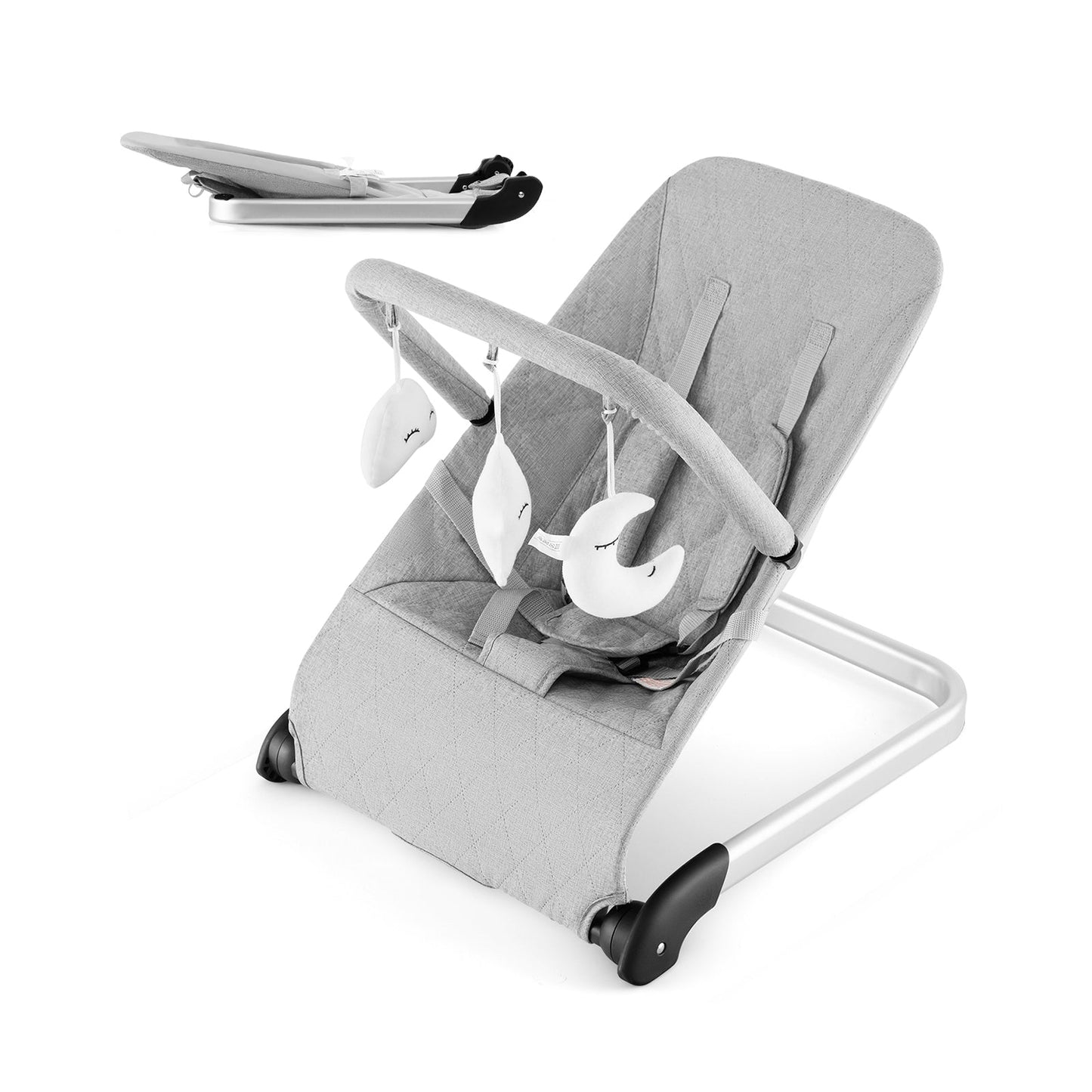 Foldable Baby Bouncer with Removable Cover and Toy Bar - Gray