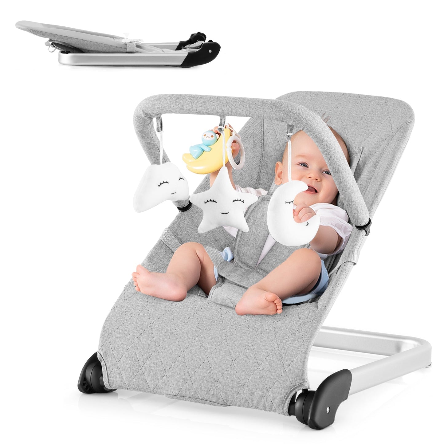 Foldable Baby Bouncer with Removable Cover and Toy Bar - Gray