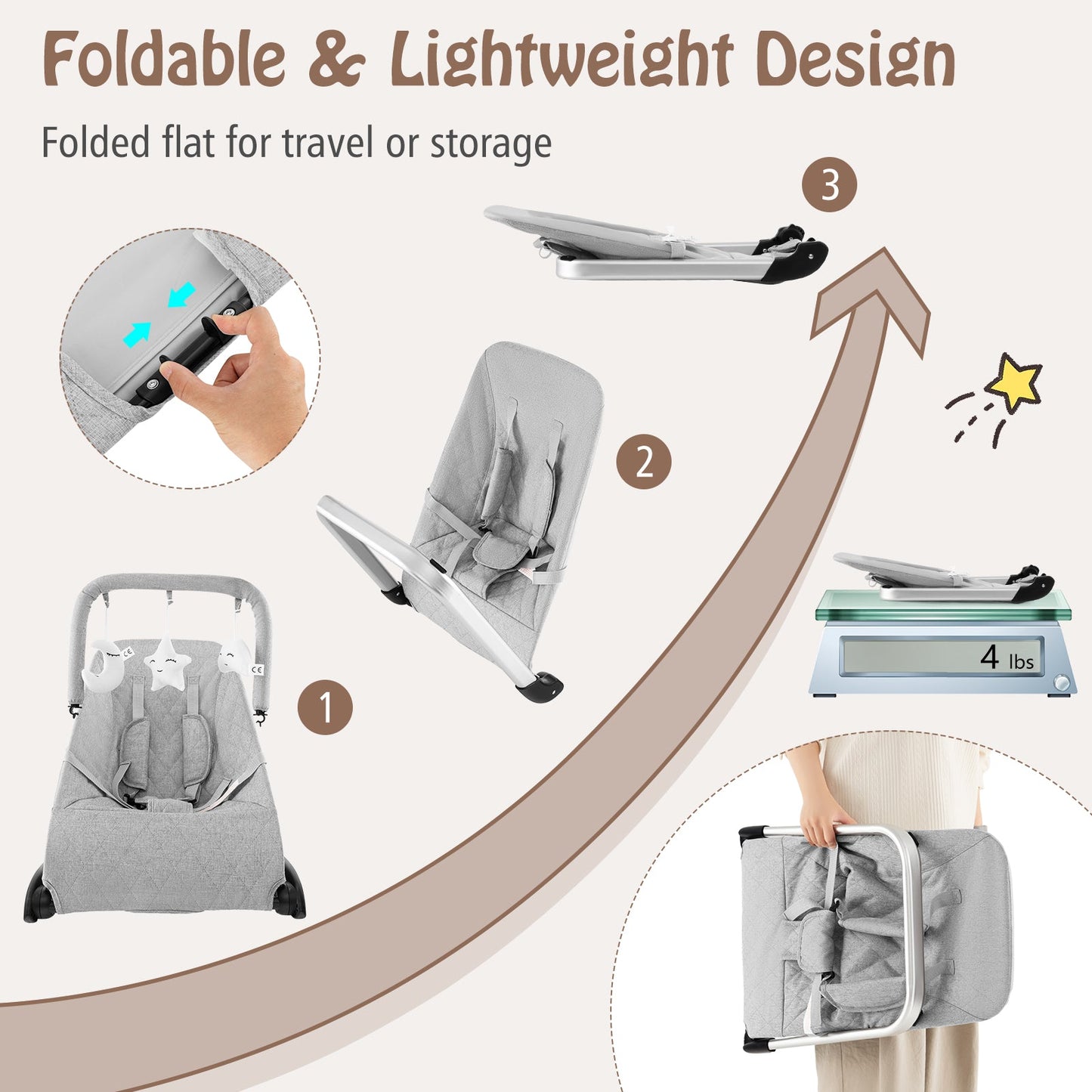 Foldable Baby Bouncer with Removable Cover and Toy Bar - Gray