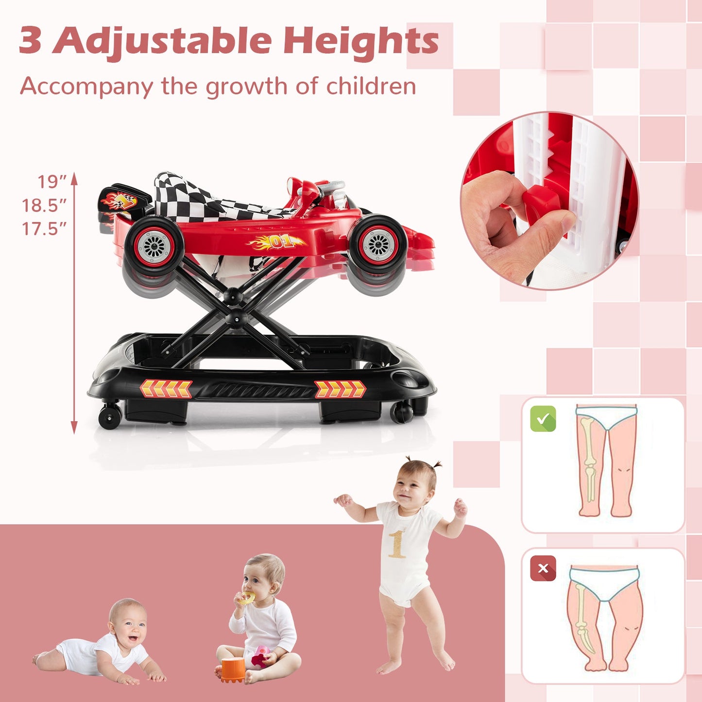 Andador Convertible para Bebés con 3 Alturas Ajustables - Rojo