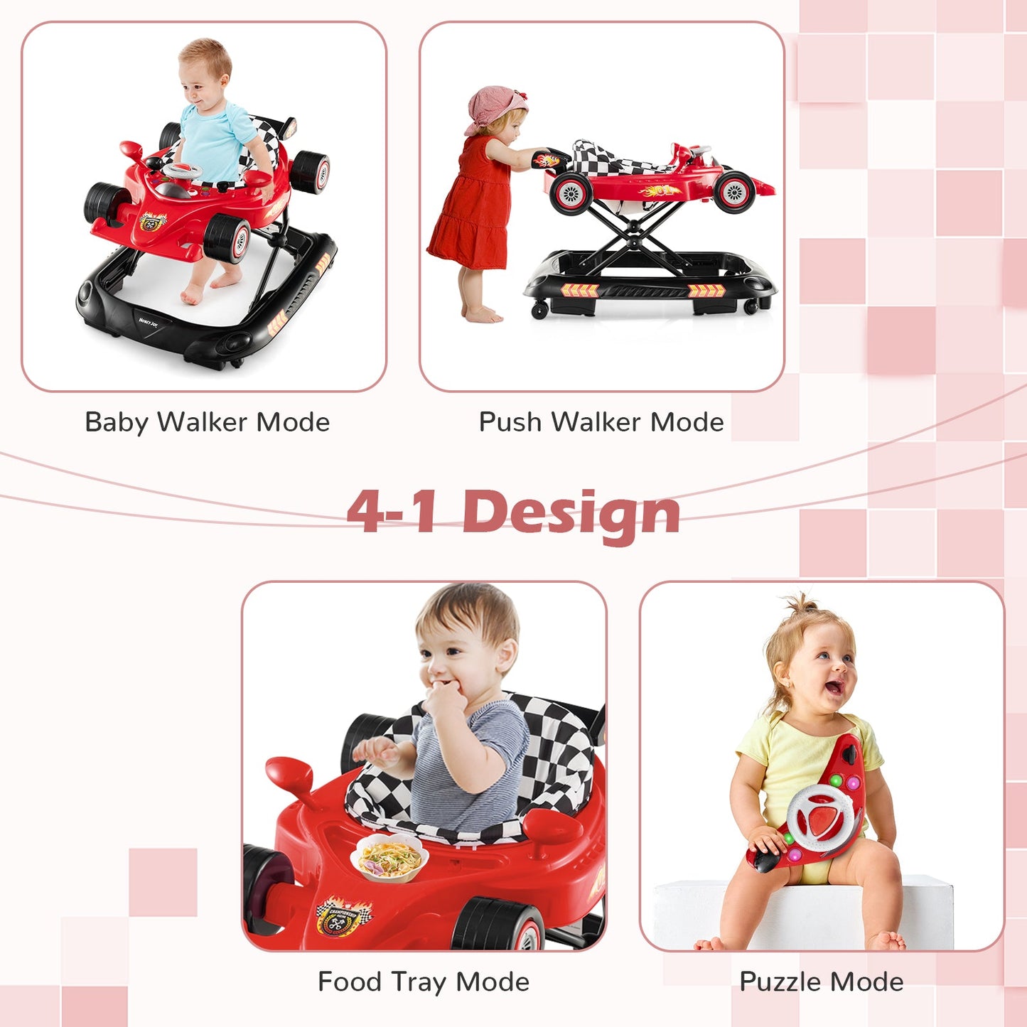Andador Convertible para Bebés con 3 Alturas Ajustables - Rojo