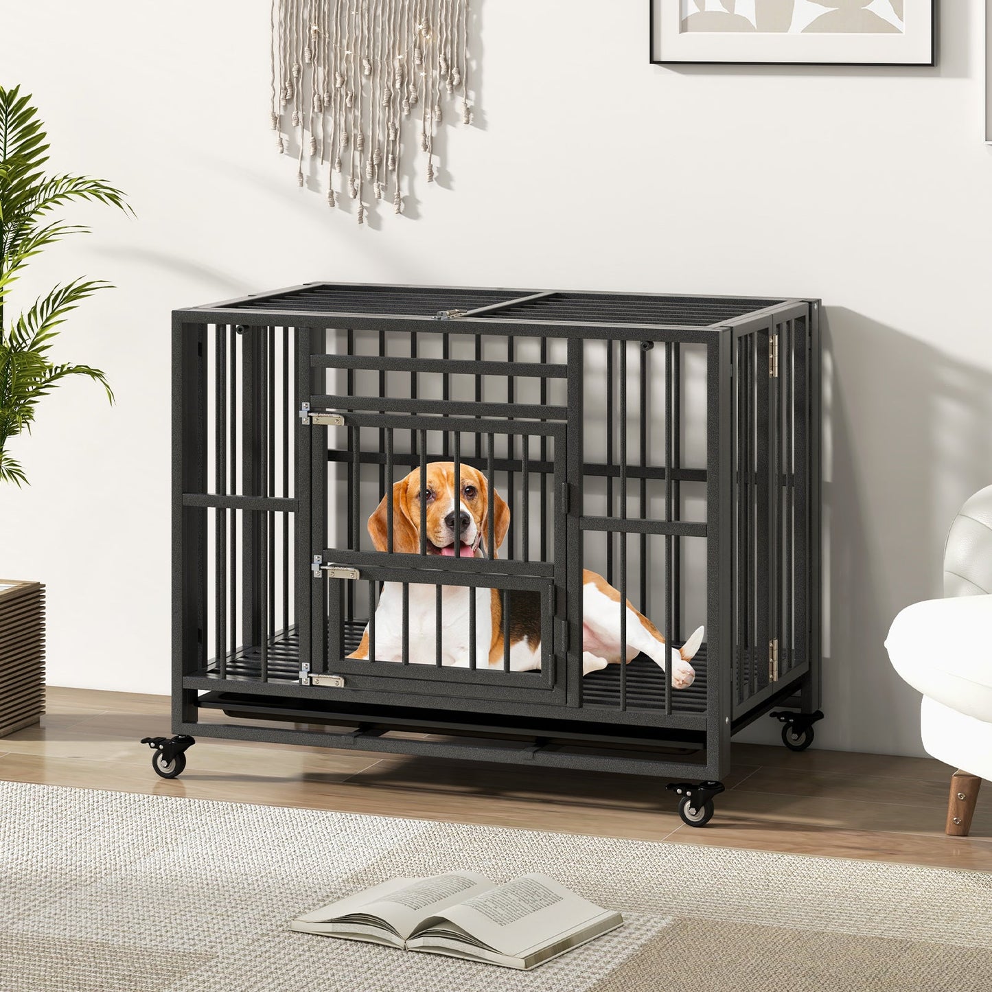 Cage pour chien en métal pliable et robuste avec roues verrouillables