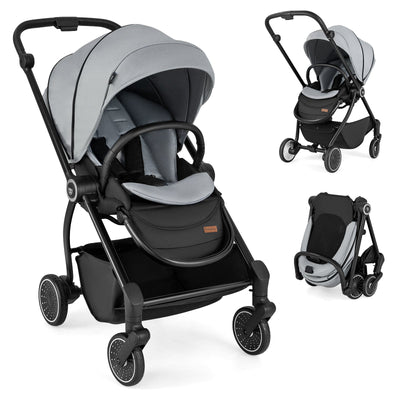Foldable Infant Pram Stroller with Reversible Seat - Gray