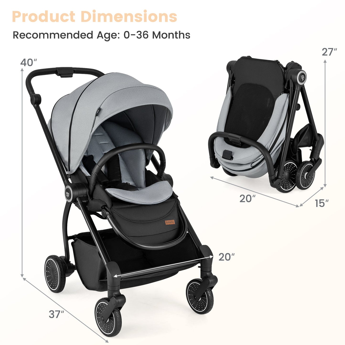Poussette pour nourrissons pliable avec siège réversible - Gris