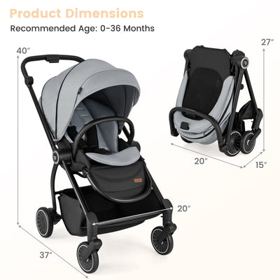 Foldable Infant Pram Stroller with Reversible Seat - Gray