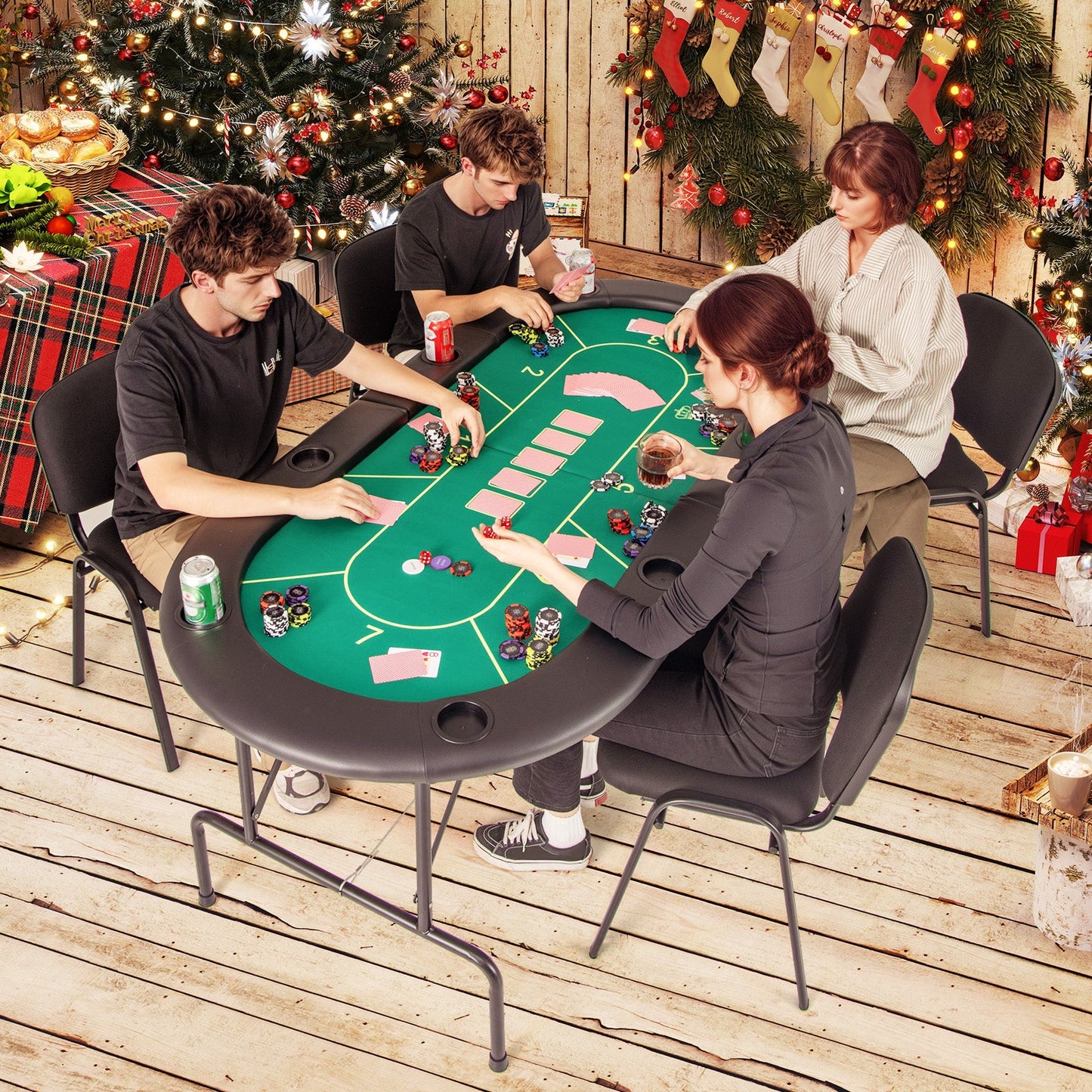 Foldable Poker Table with 8 Cup Holders - Green