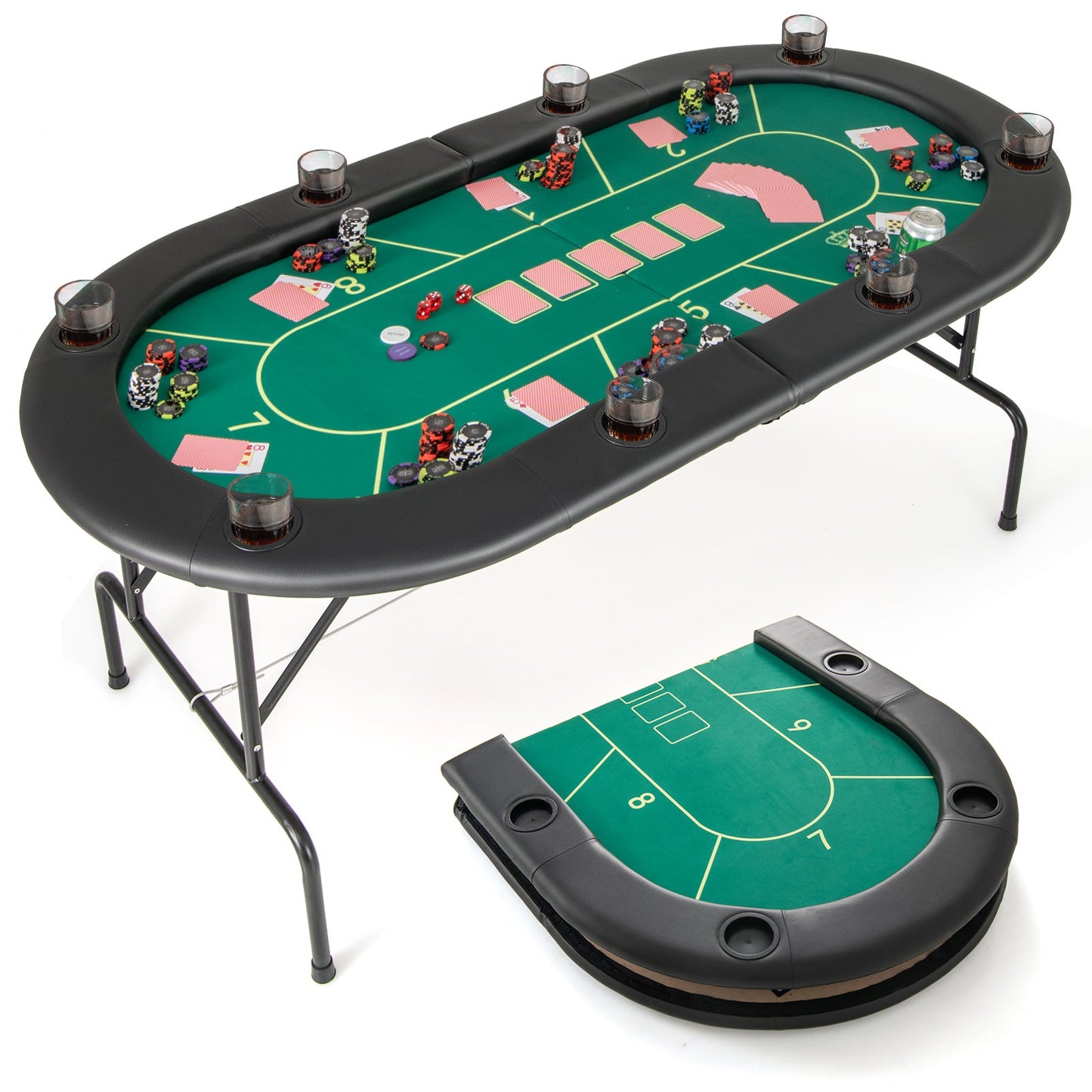 Foldable Poker Table with 8 Cup Holders - Green