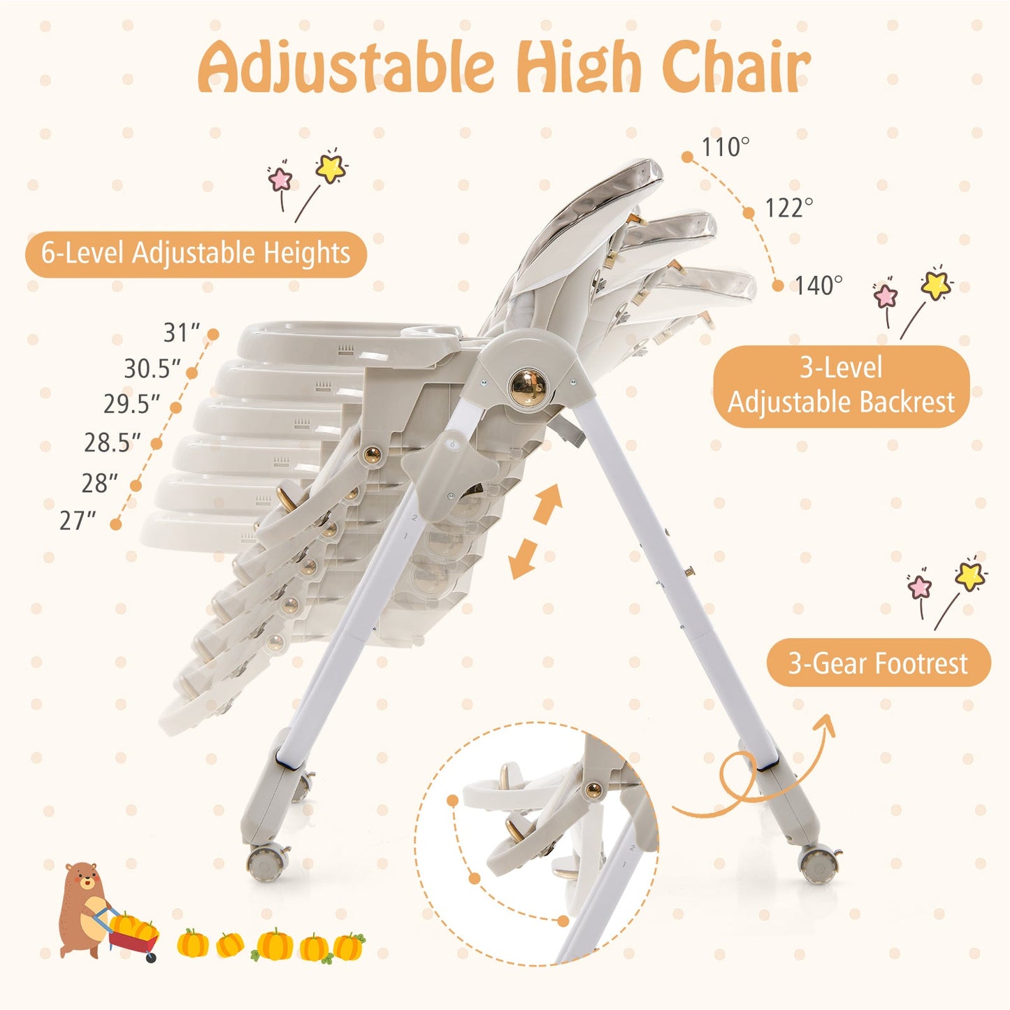 Folding Baby Dining High Chair with Adjustable Features - Gray