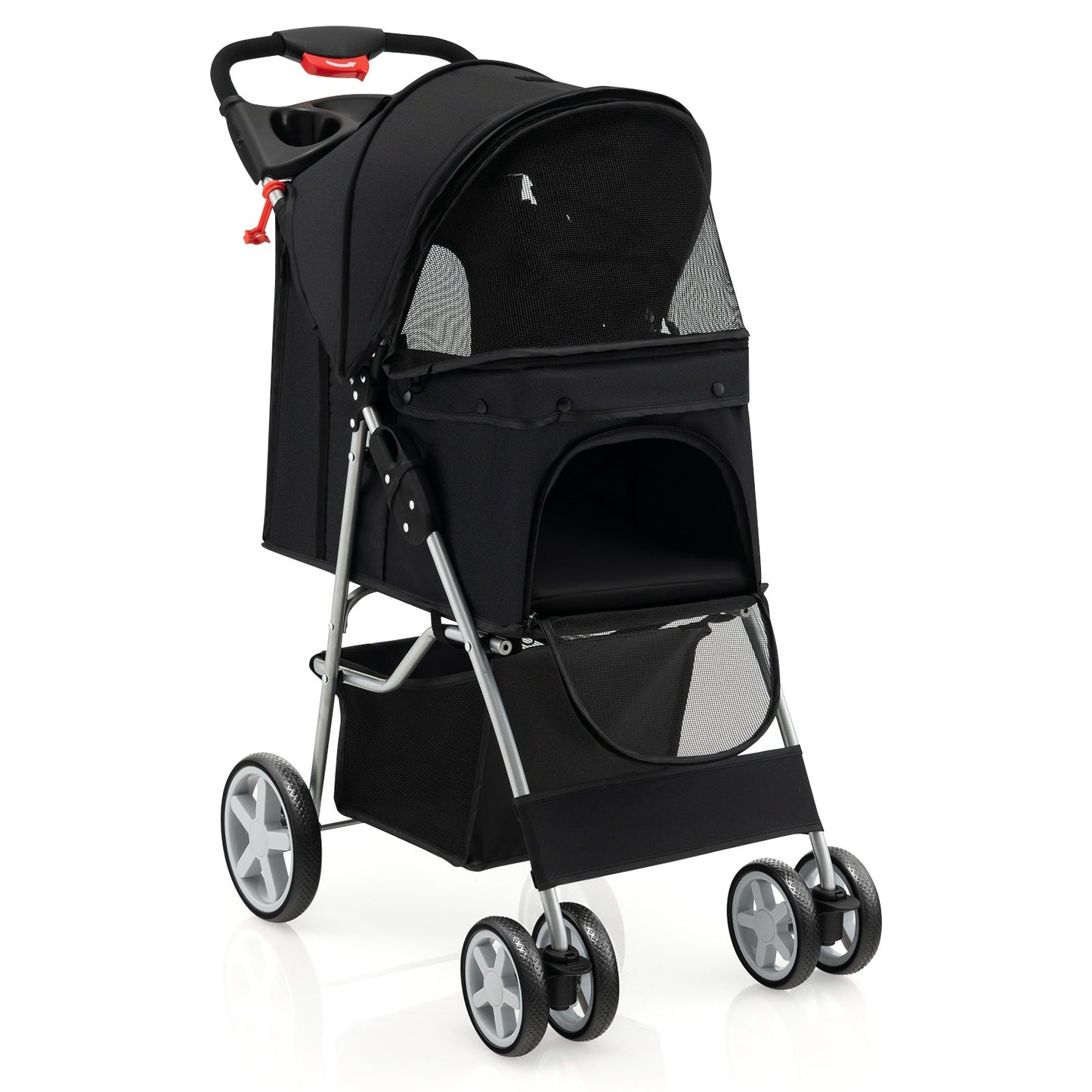 Folding Pet Stroller with Storage Basket and Adjustable Canopy - Black