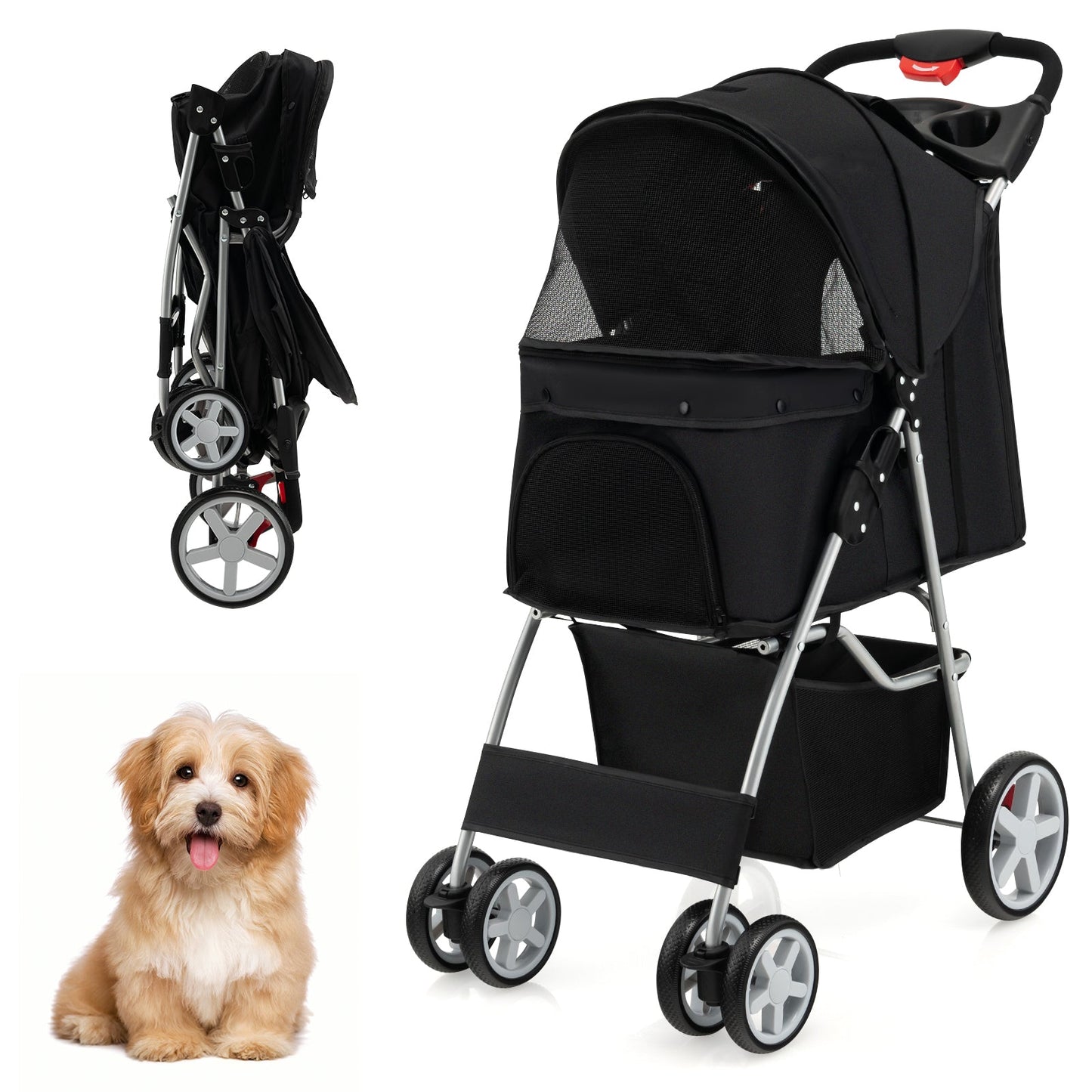 Folding Pet Stroller with Storage Basket and Adjustable Canopy - Black