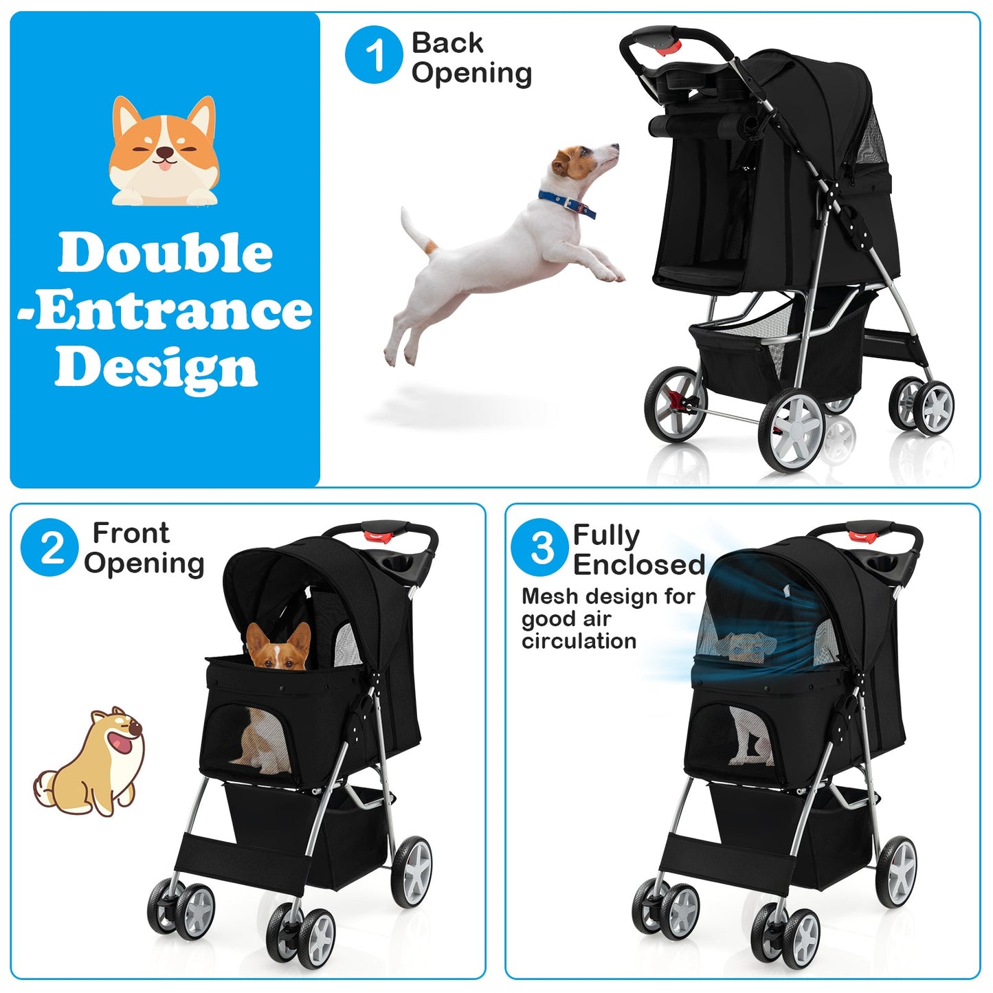 Folding Pet Stroller with Storage Basket and Adjustable Canopy - Black