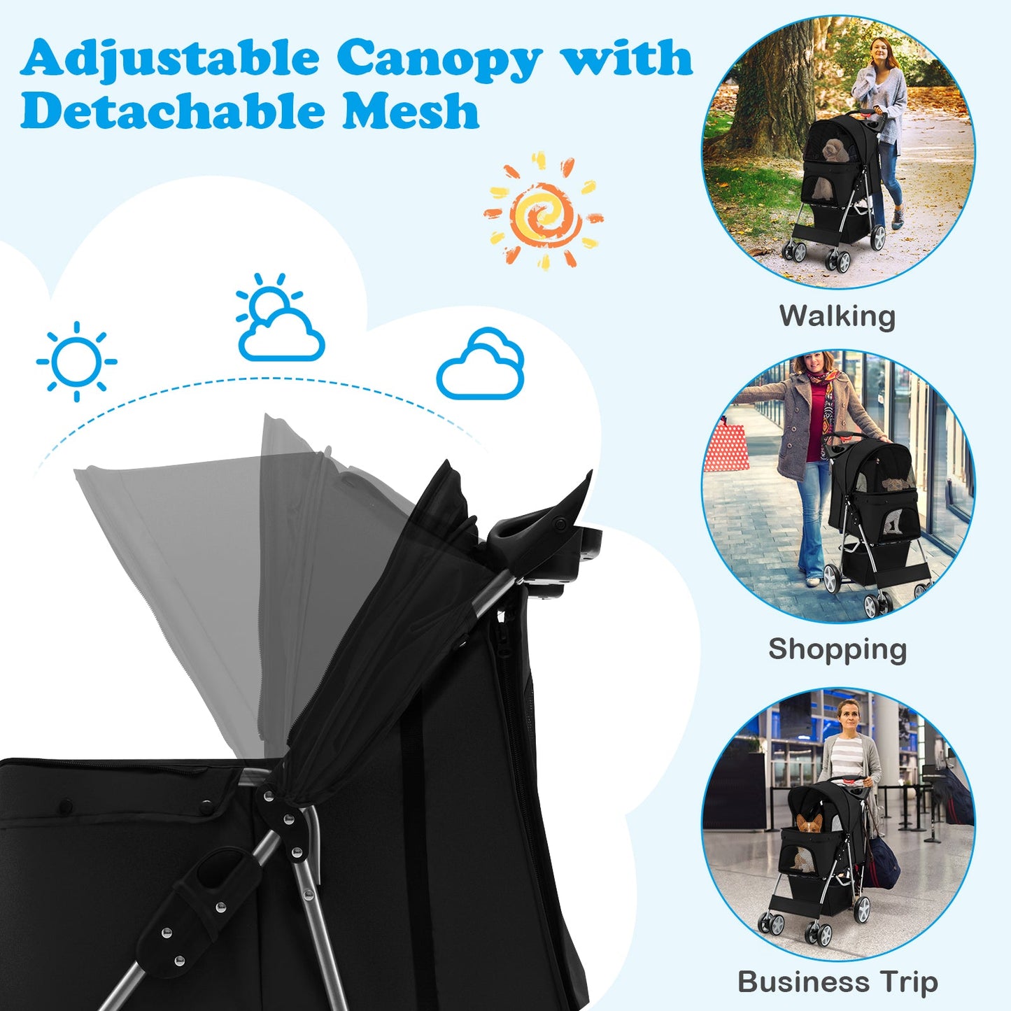Folding Pet Stroller with Storage Basket and Adjustable Canopy - Black