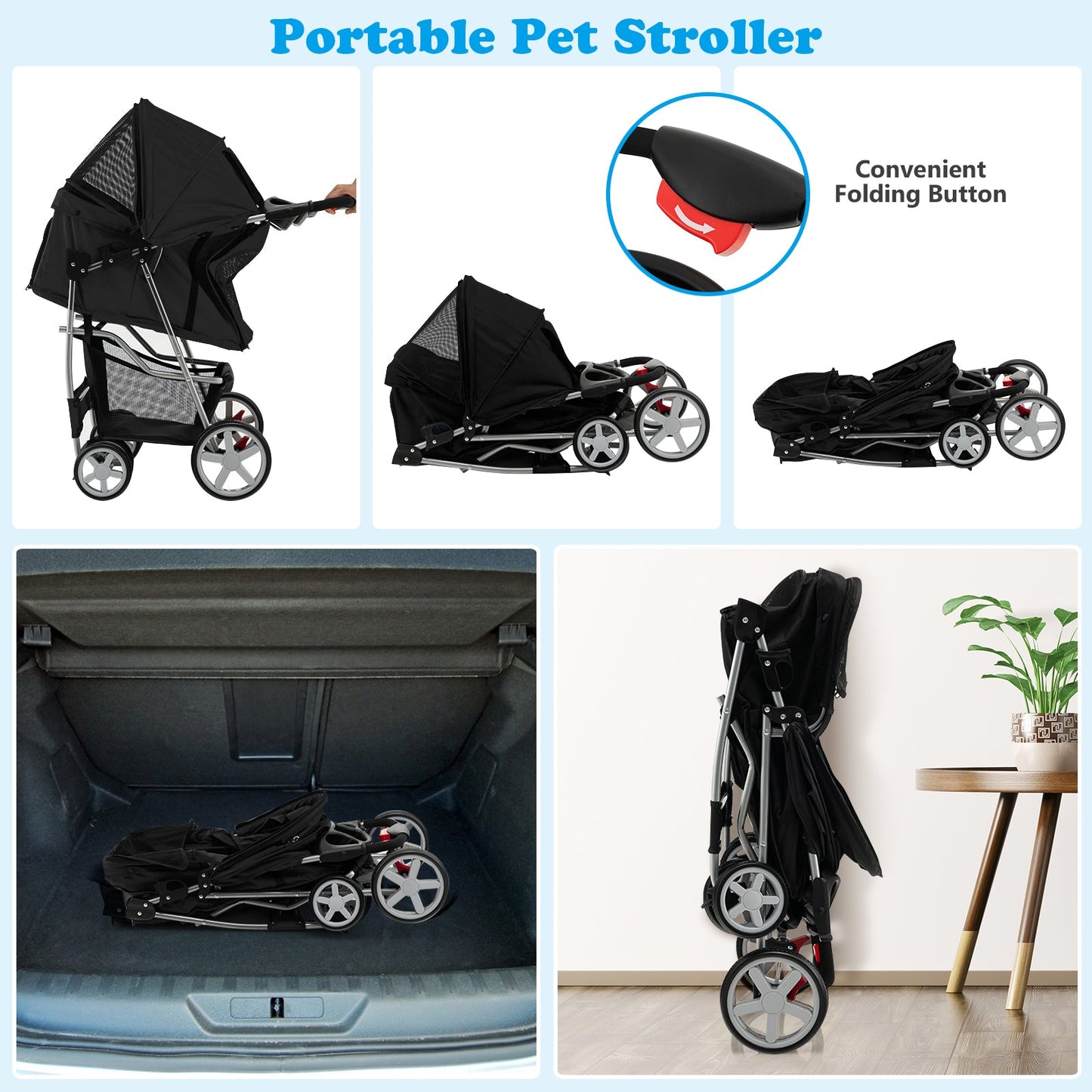 Folding Pet Stroller with Storage Basket and Adjustable Canopy - Black