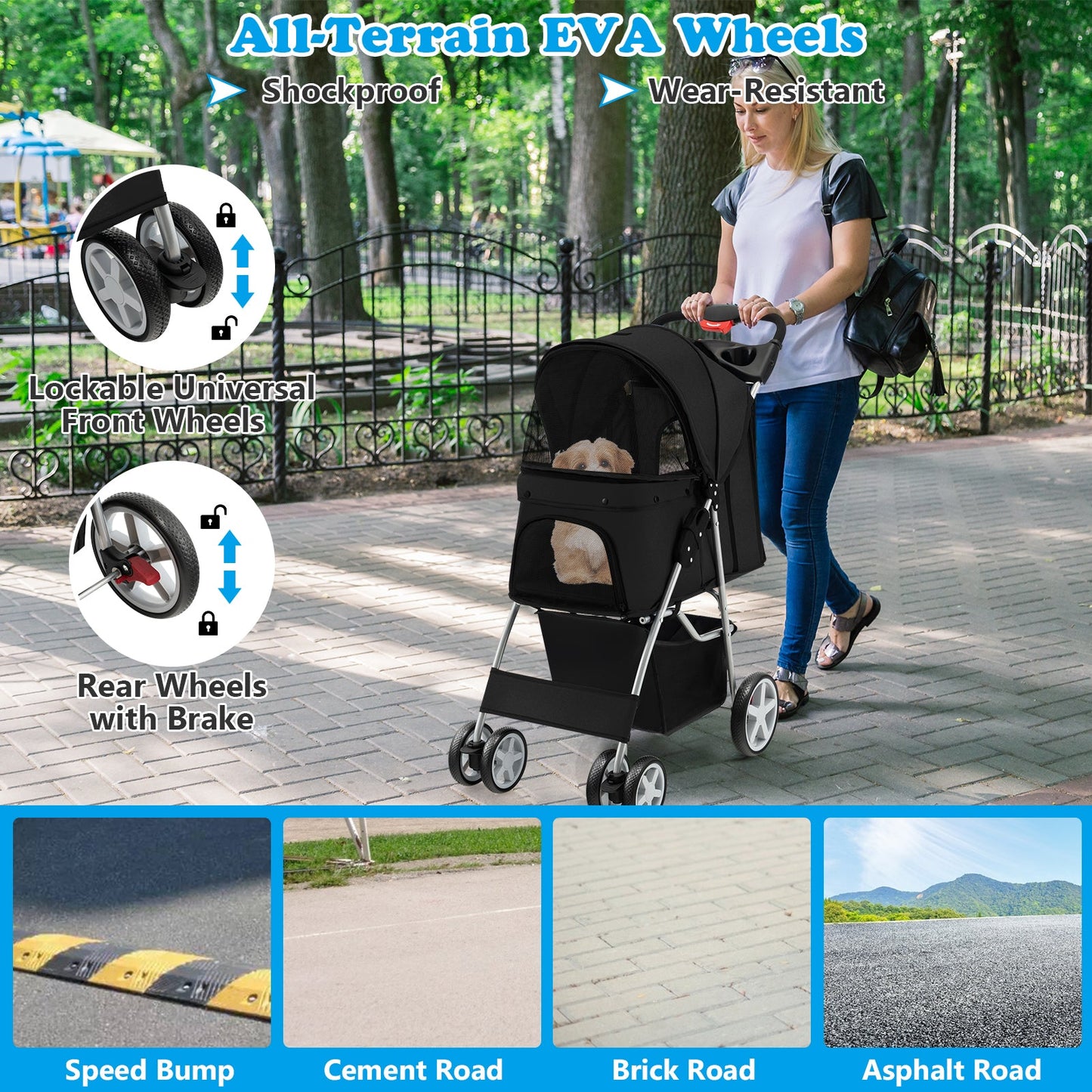 Folding Pet Stroller with Storage Basket and Adjustable Canopy - Black