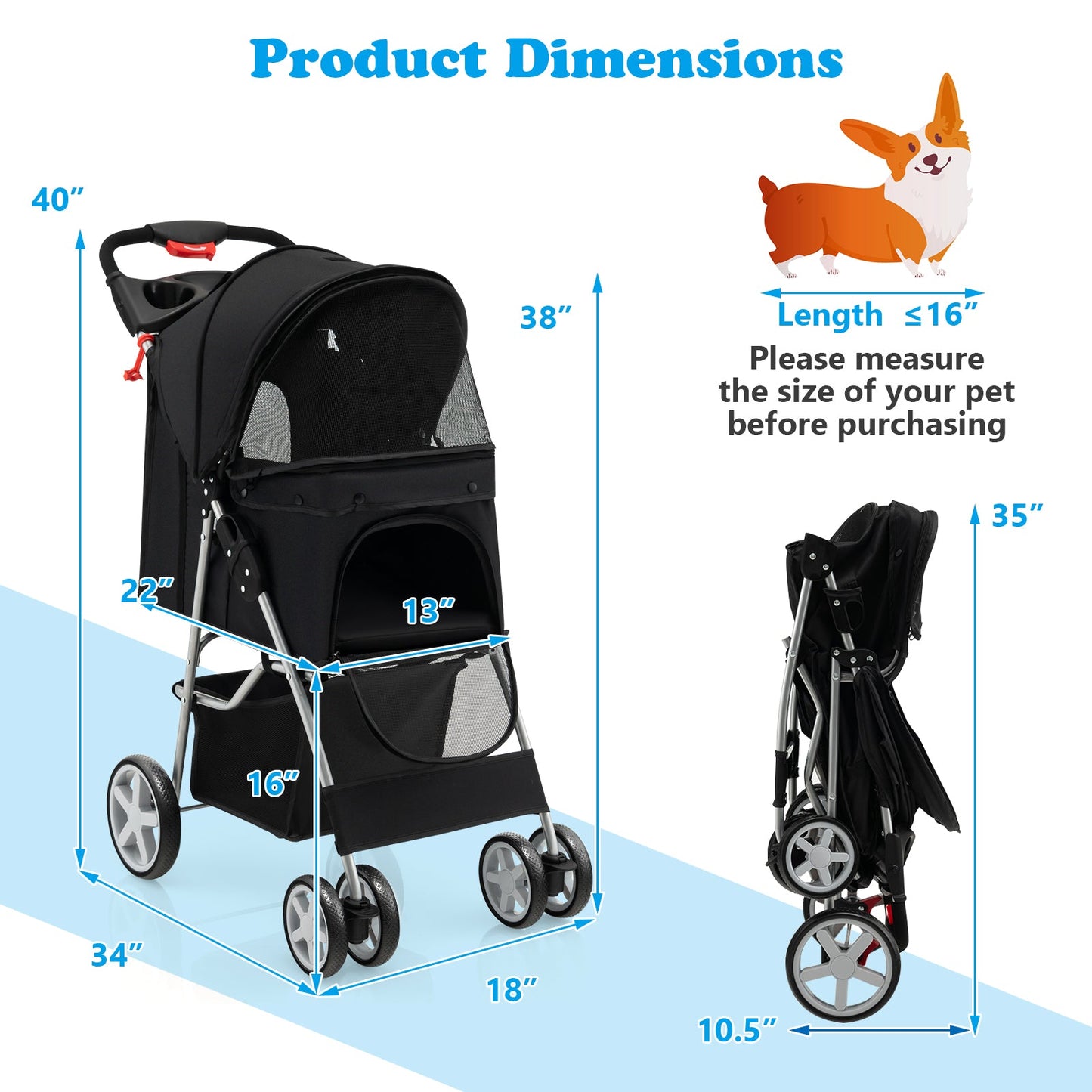 Folding Pet Stroller with Storage Basket and Adjustable Canopy - Black