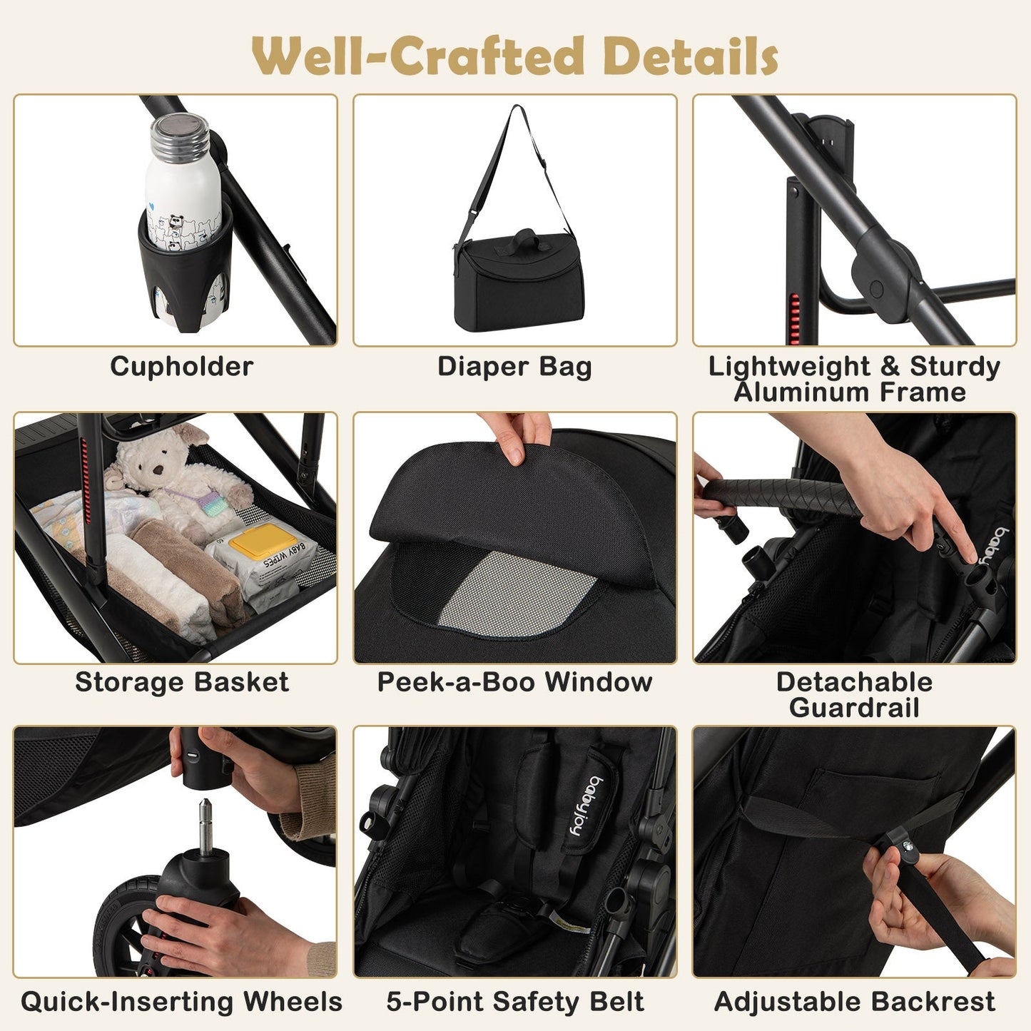 Carrito de bebé convertible 3 en 1 plegable con capazo desmontable - Negro