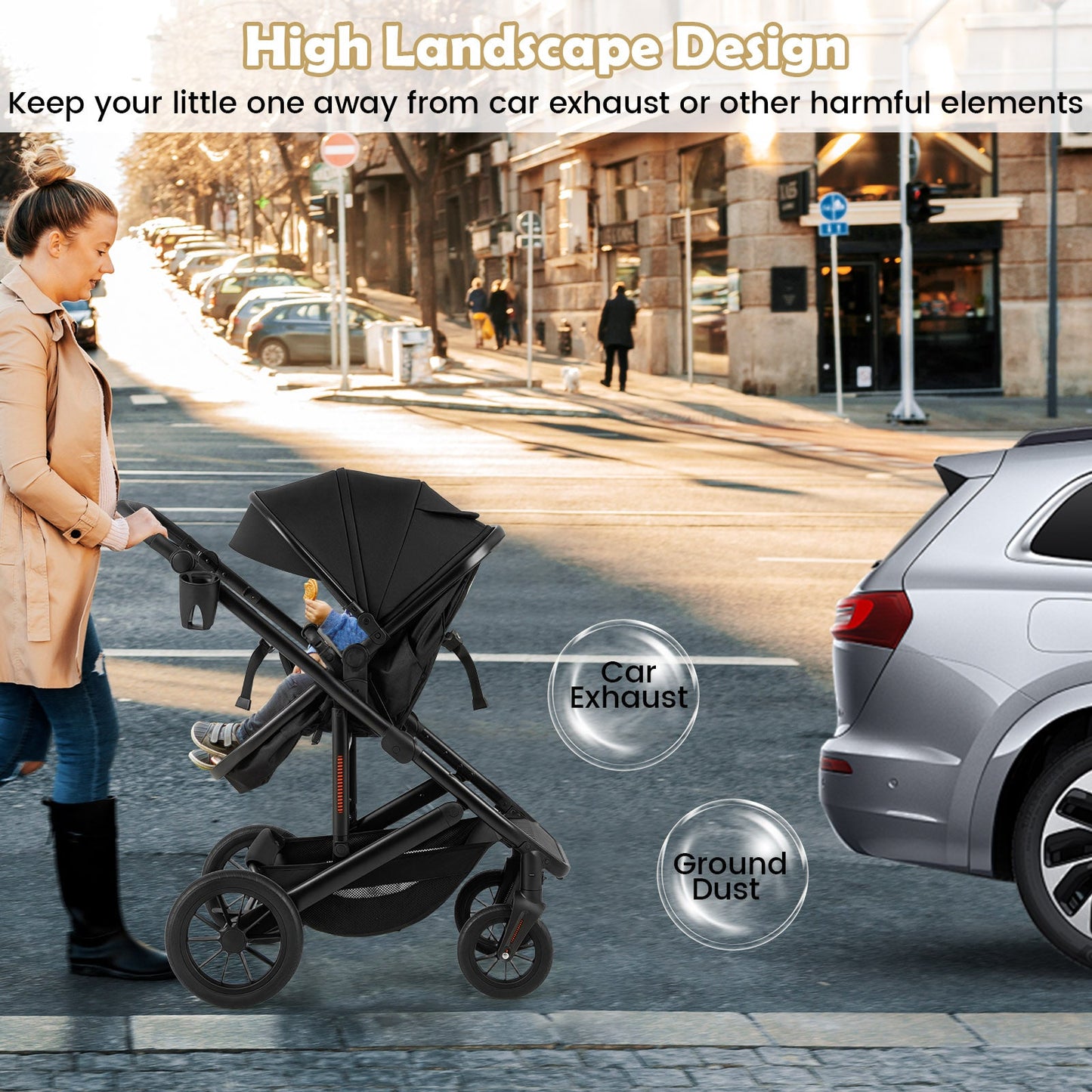 Carrito de bebé convertible 3 en 1 plegable con capazo desmontable - Negro