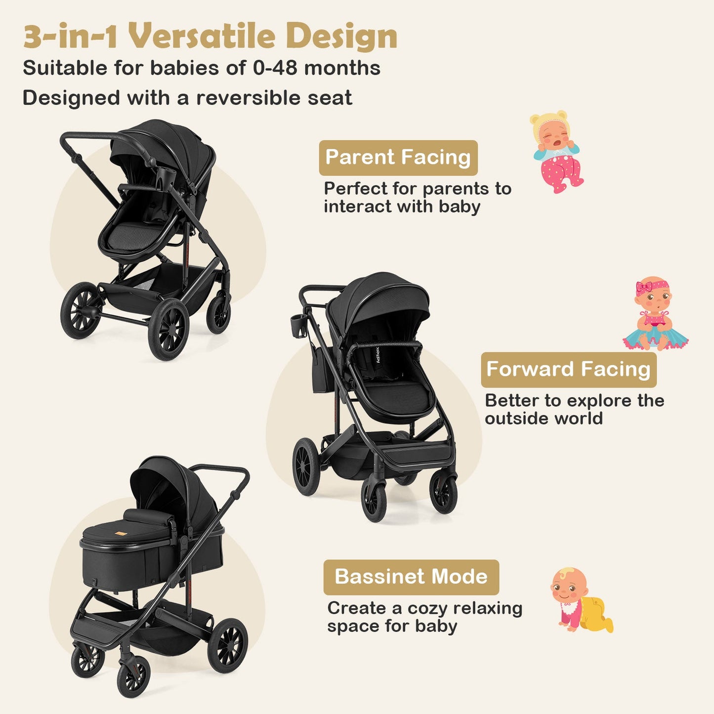 Carrito de bebé convertible 3 en 1 plegable con capazo desmontable - Negro