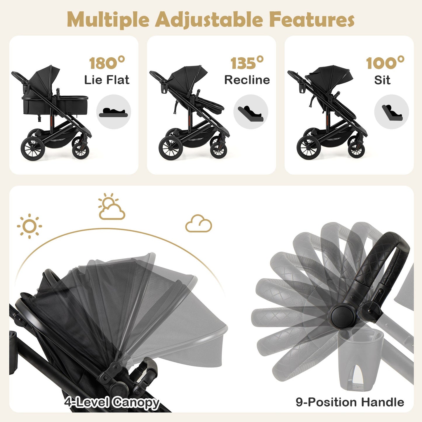 Carrito de bebé convertible 3 en 1 plegable con capazo desmontable - Negro