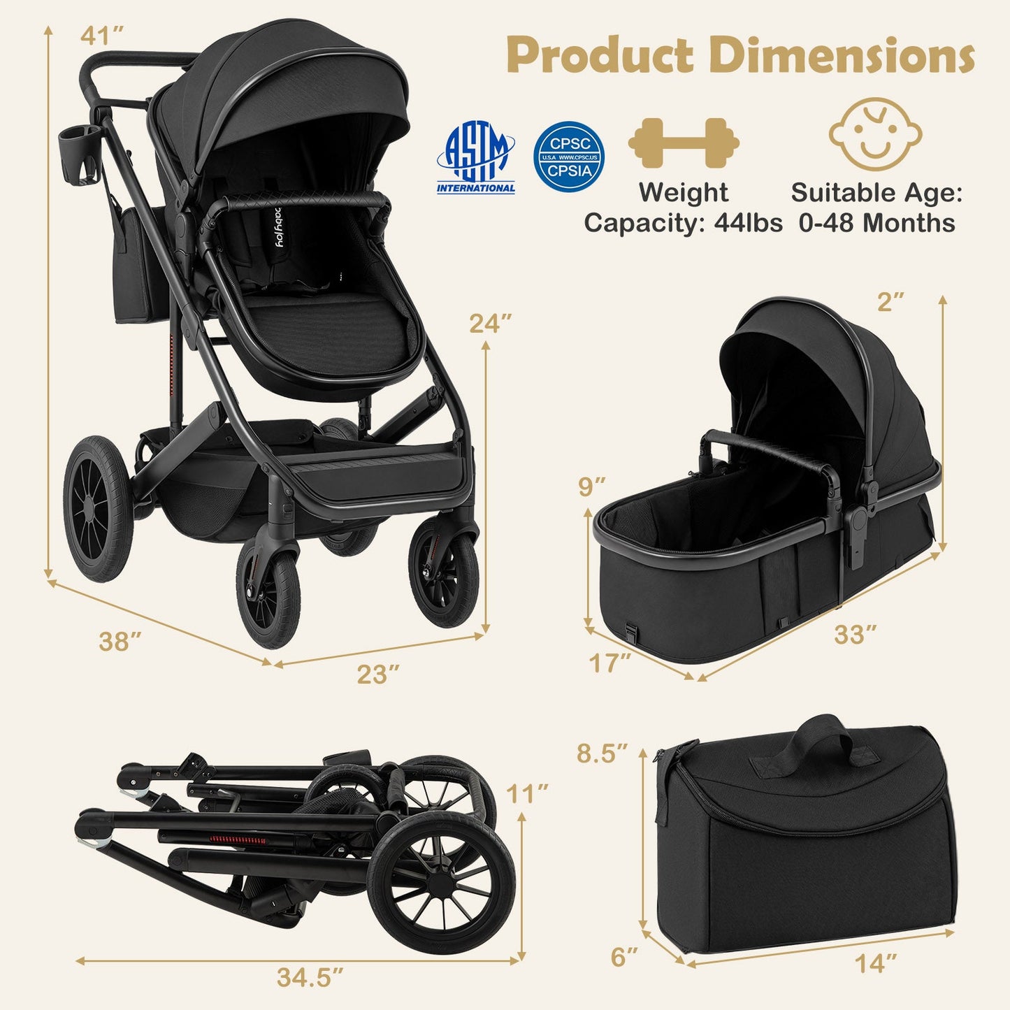 Carrito de bebé convertible 3 en 1 plegable con capazo desmontable - Negro