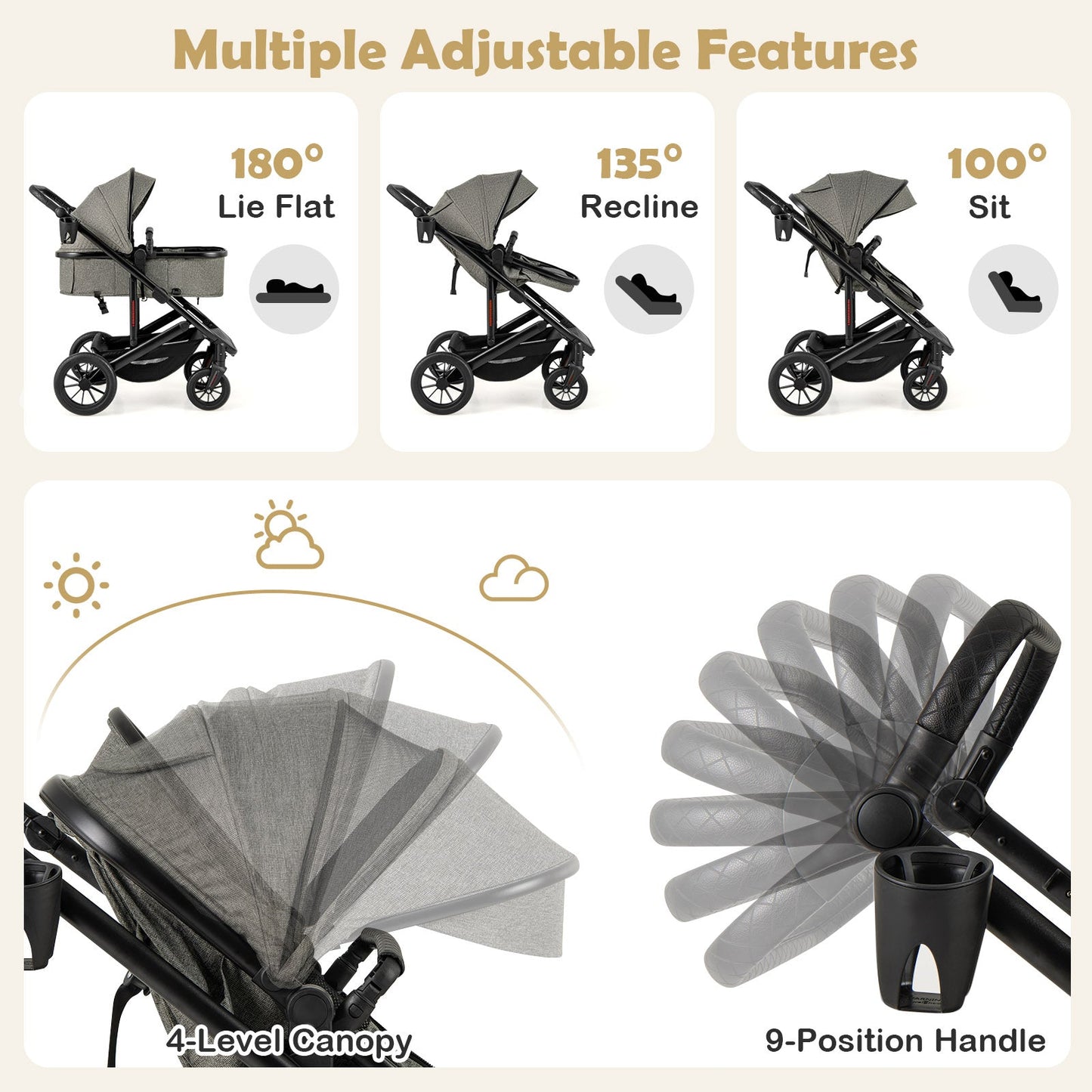 Carrito de bebé convertible 3 en 1 - Gris