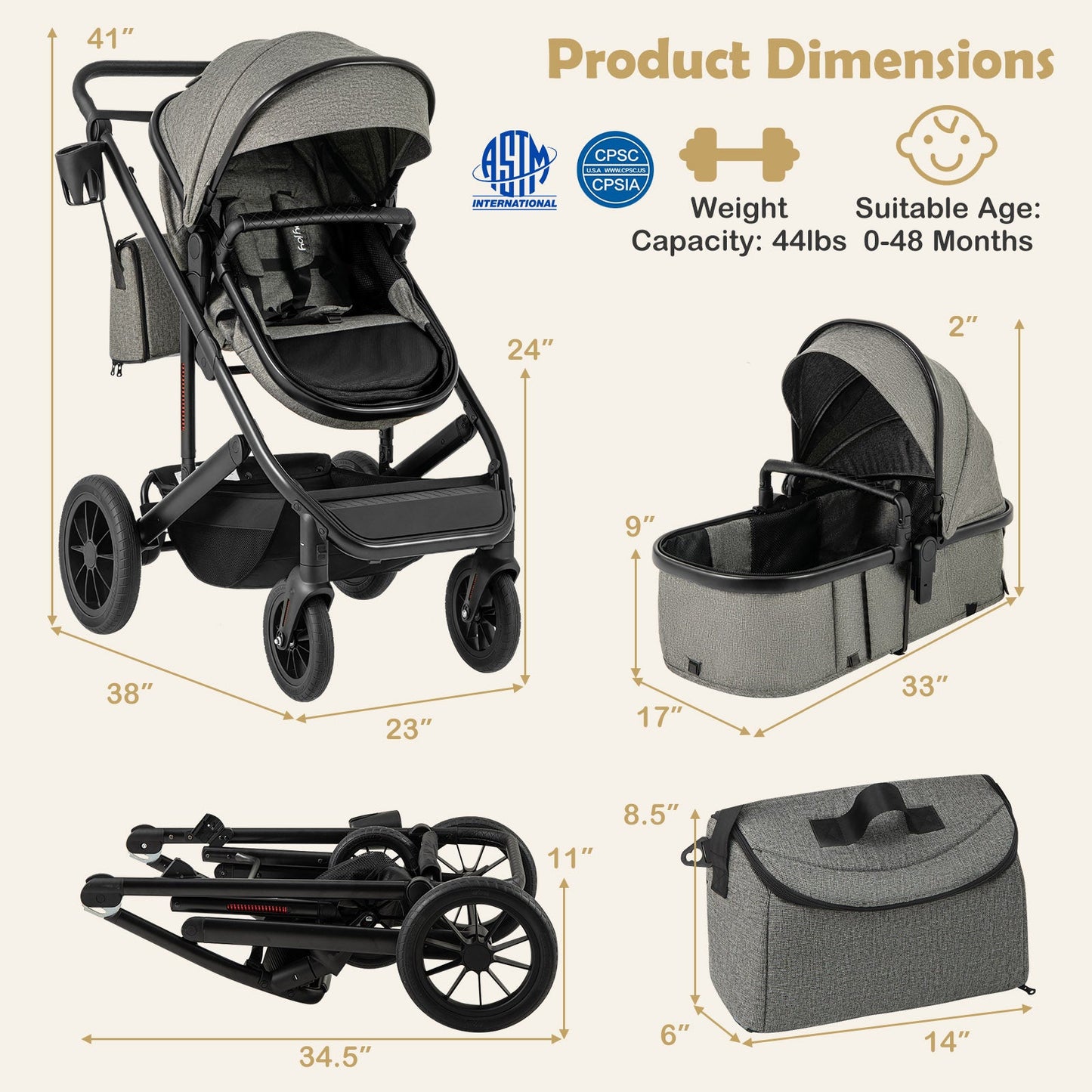 Carrito de bebé convertible 3 en 1 - Gris