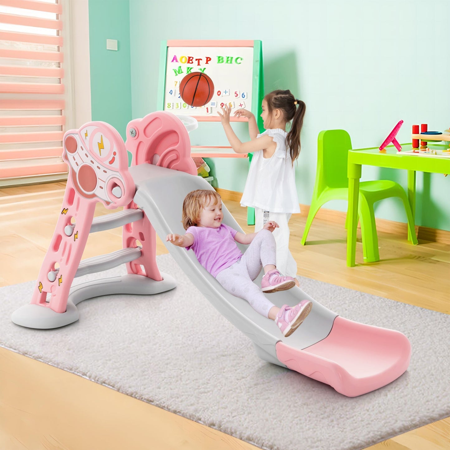 Aire de jeux pliable 3-en-1 avec panier de basket - Rose