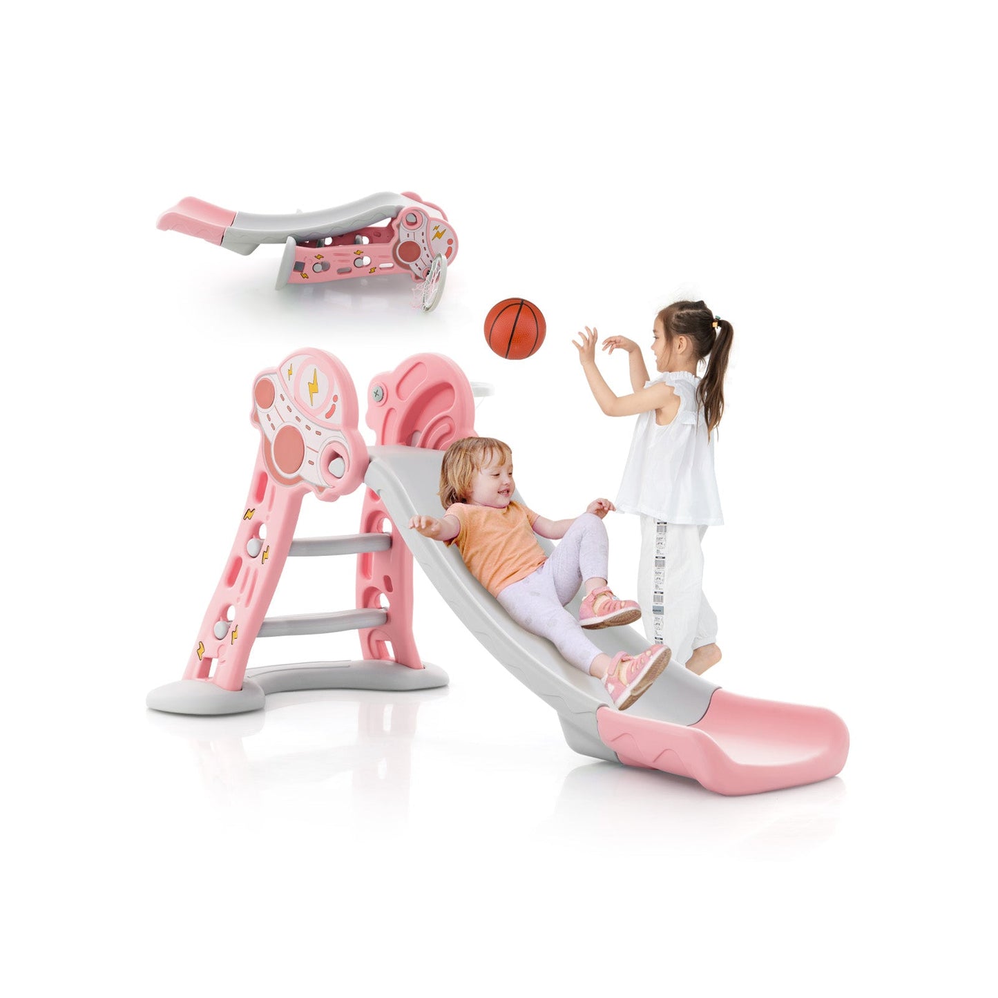 Aire de jeux pliable 3-en-1 avec panier de basket - Rose